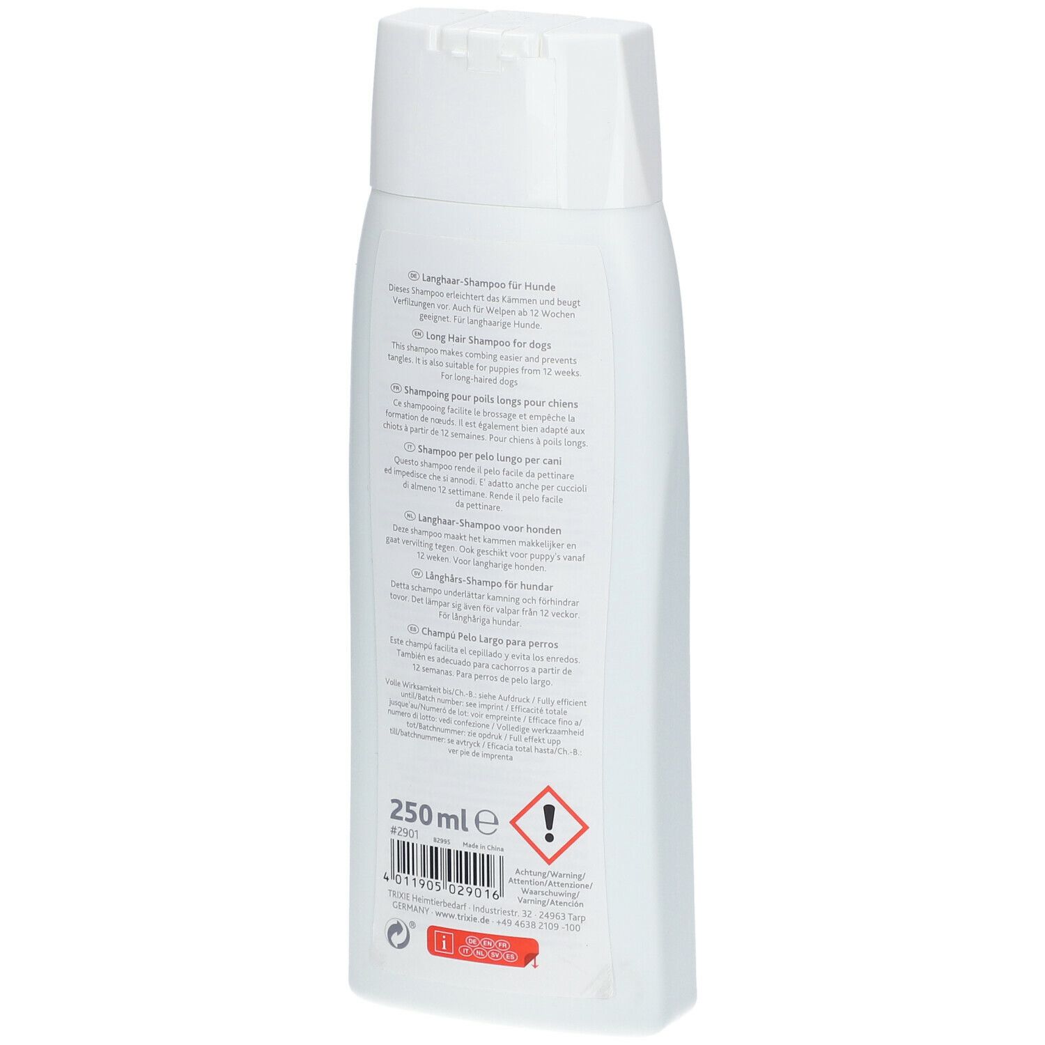 Retro di un flacone bianco. Informazioni multilingue sul prodotto. Indicazione del volume 250 ml. Avvertenza.