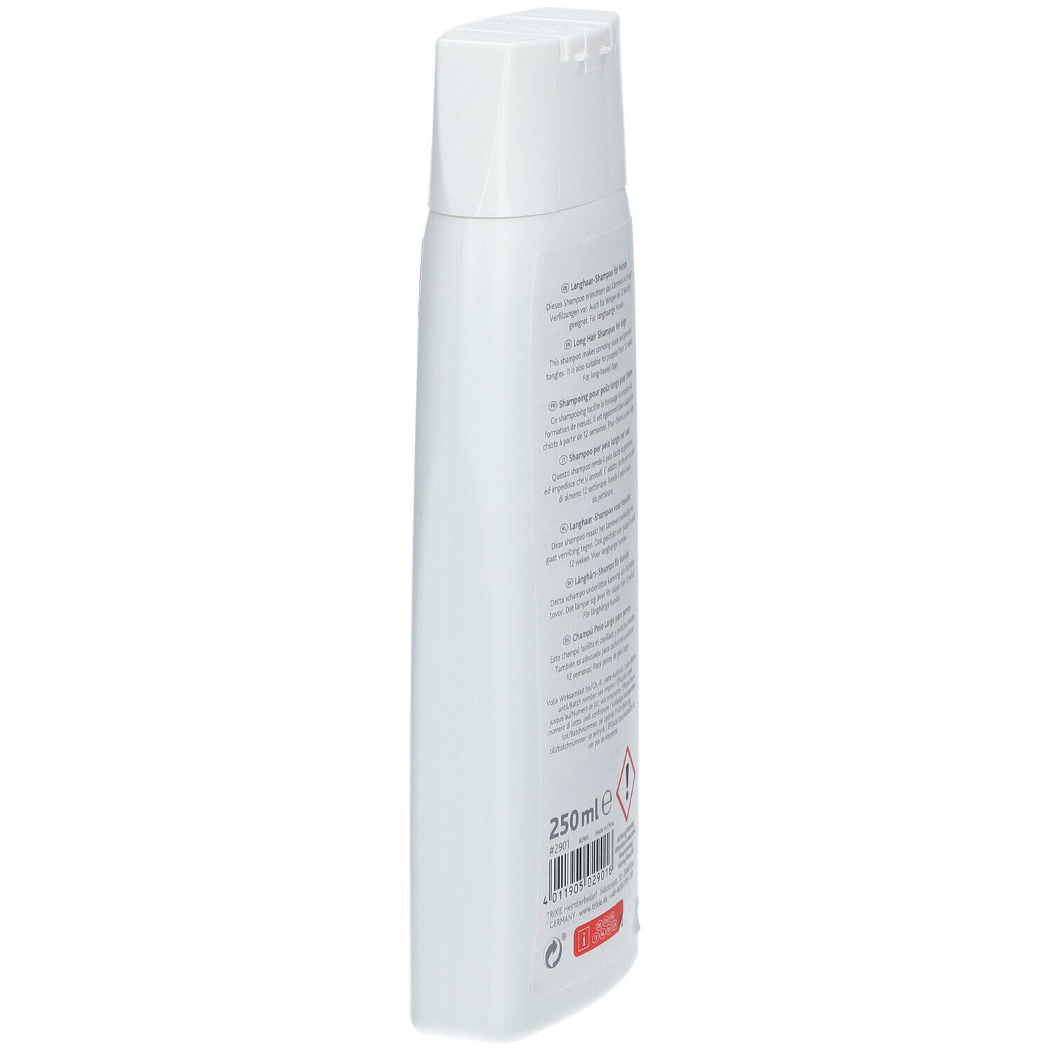 Vista laterale di un flacone bianco. Informazioni multilingue sul prodotto. Indicazione del volume 250 ml. Avvertenza.