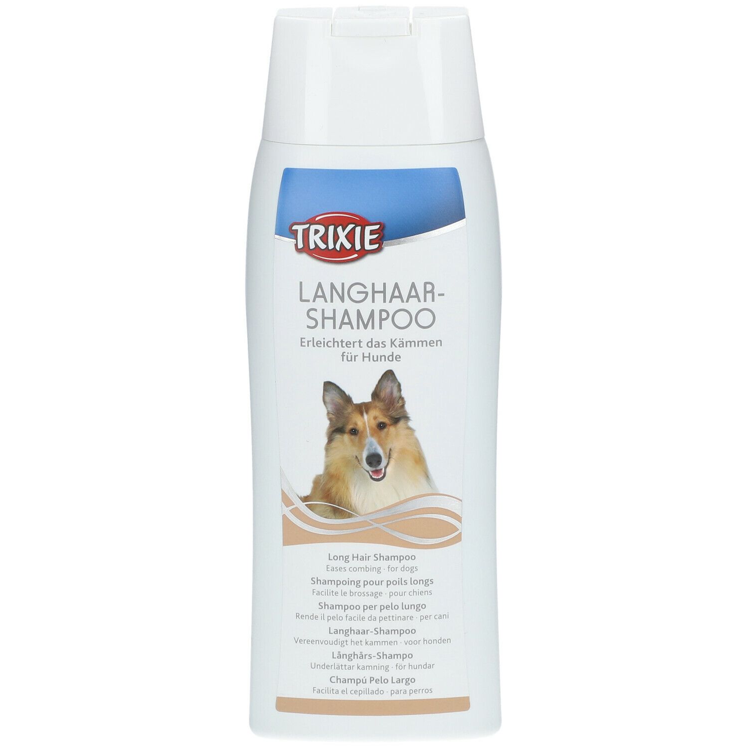Flacone bianco con logo TRIXIE e scritta "LANGHAAR-SHAMPOO". Immagine di un cane. Denominazioni multilingue del prodotto.