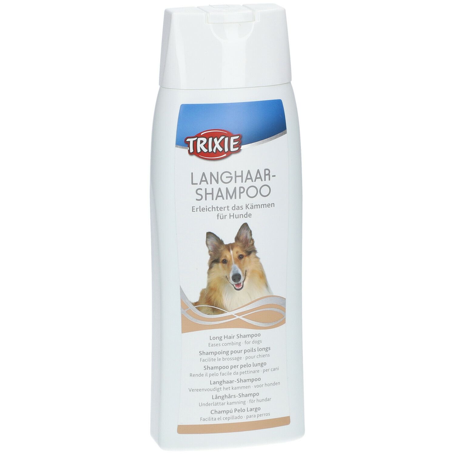 Flacone bianco con logo TRIXIE e scritta "LANGHAAR-SHAMPOO". Immagine di un cane. Denominazioni multilingue del prodotto.