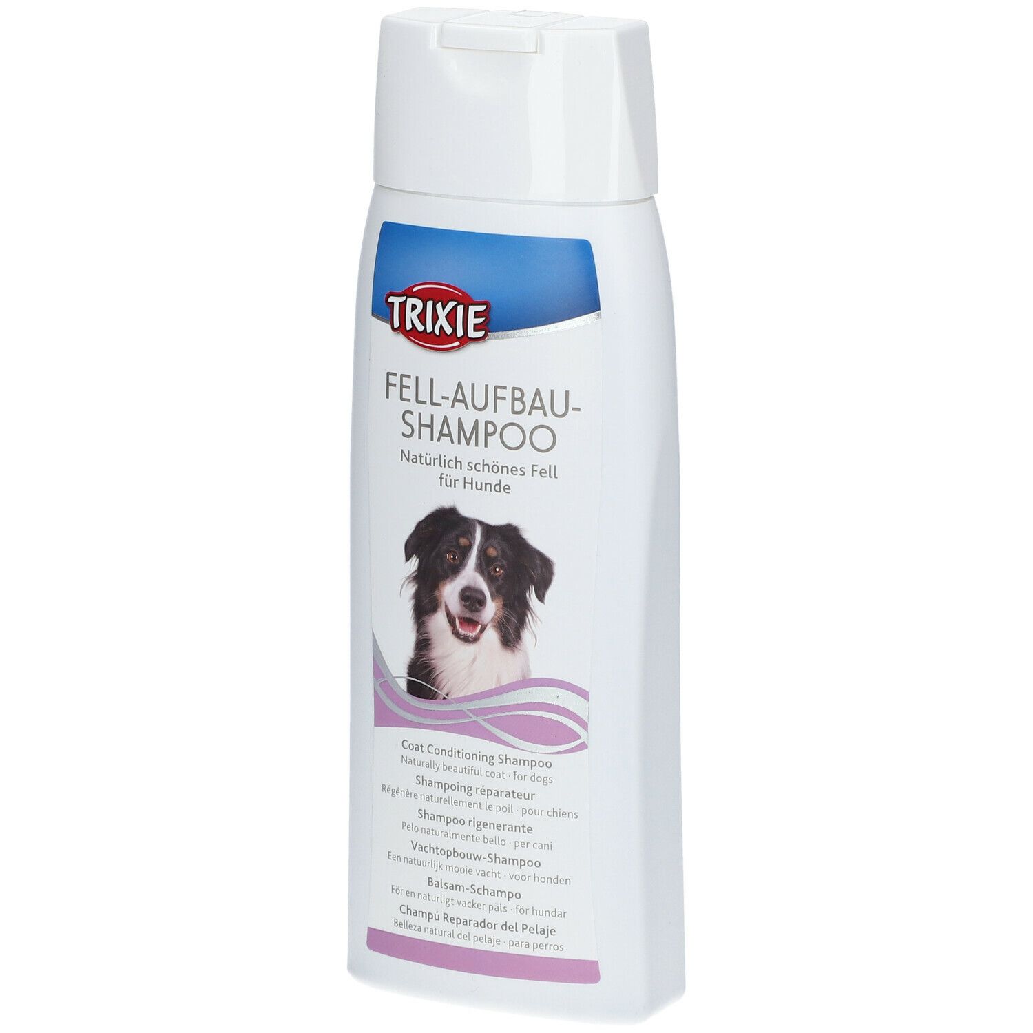 Flacone di shampoo bianco con etichetta blu e rosa. Scritta: TRIXIE, FELL-AUFBAU-SHAMPOO. Immagine di un cane.