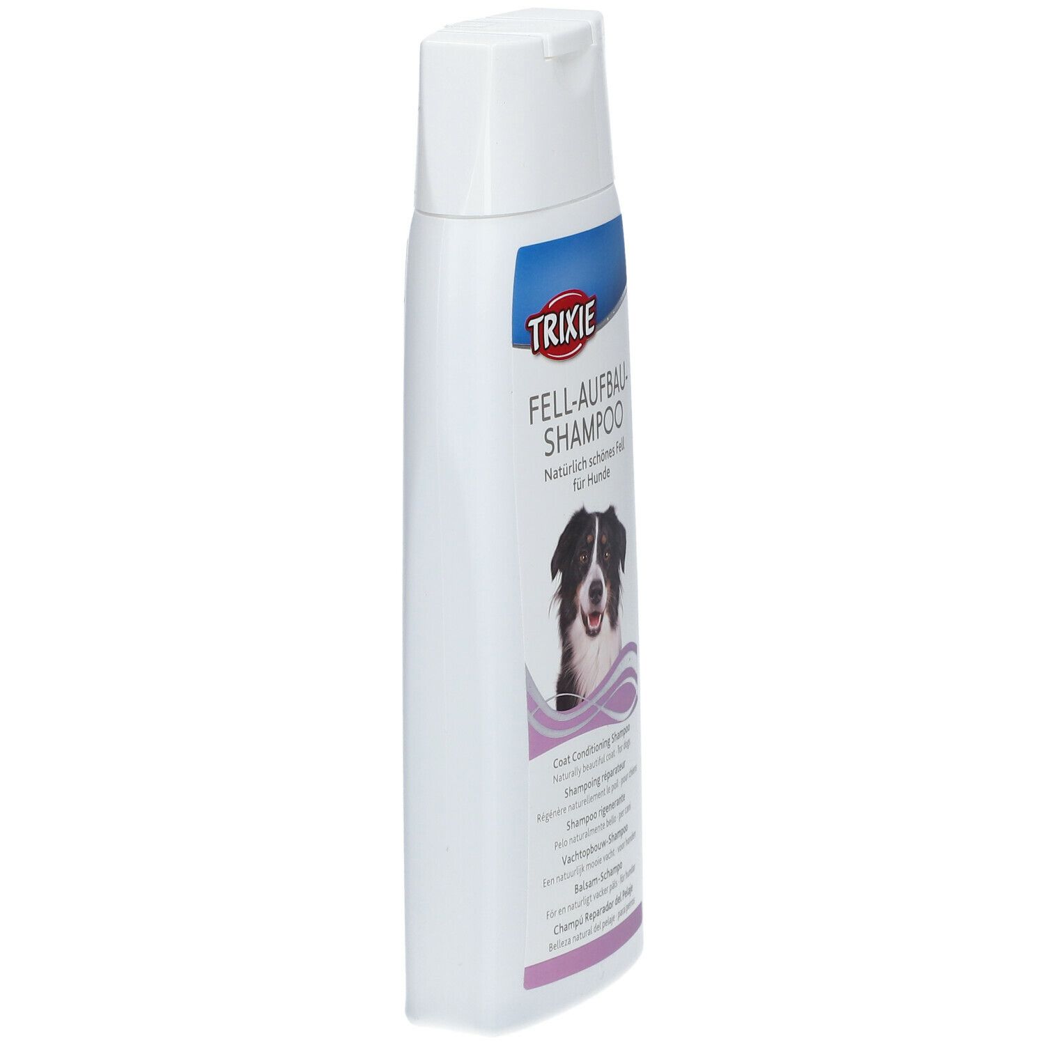Flacone di shampoo bianco, leggermente inclinato. Etichetta blu e rosa con TRIXIE e FELL-AUFBAU-SHAMPOO. Immagine di cane.