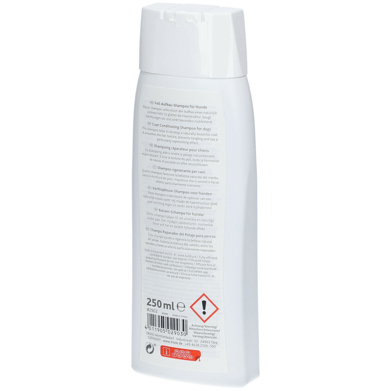 Retro del flacone di shampoo bianco. Testo in più lingue. Scritta: 250 ml. Avvertenza.