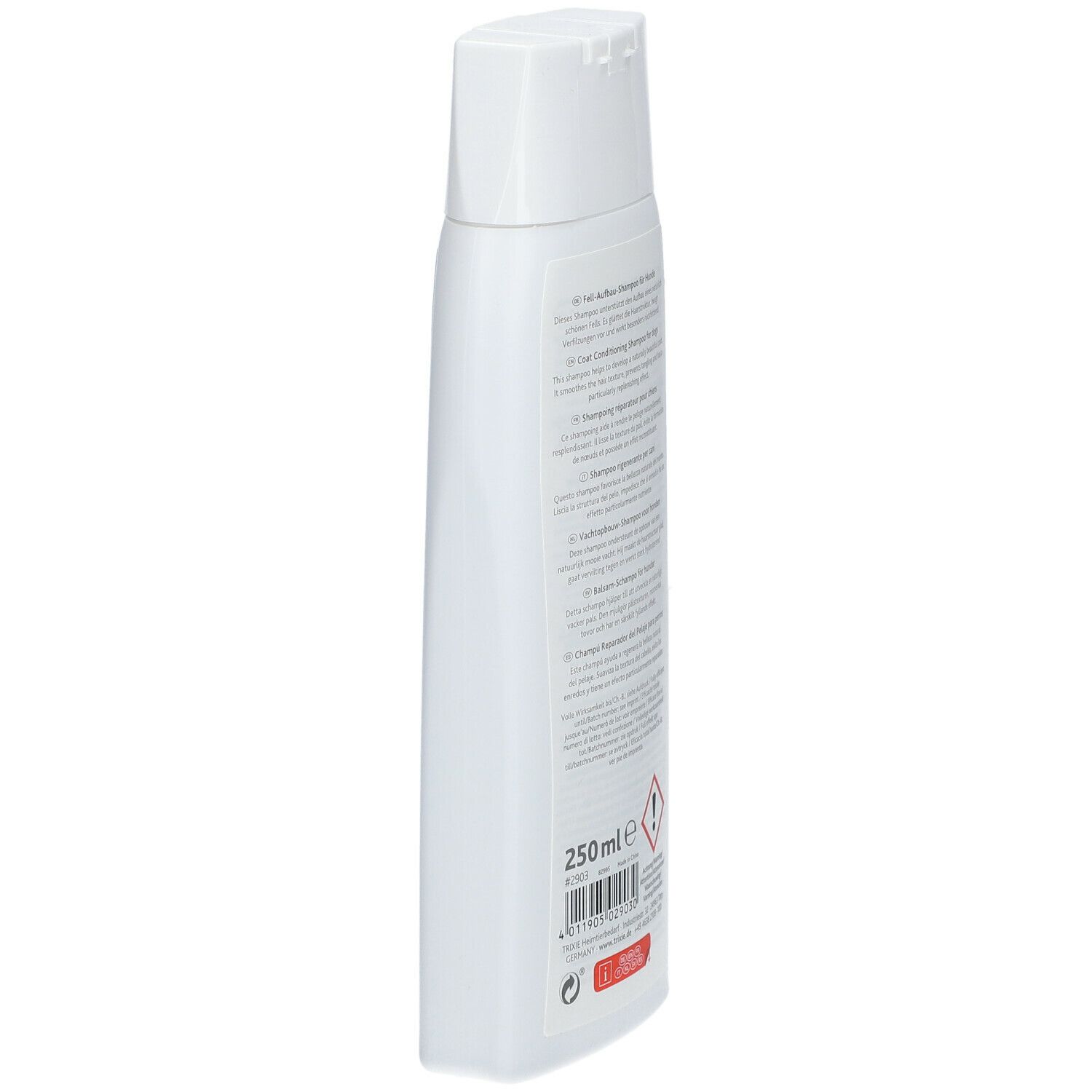 Vista laterale del flacone di shampoo bianco. Testo in più lingue. Scritta: 250 ml. Avvertenza.
