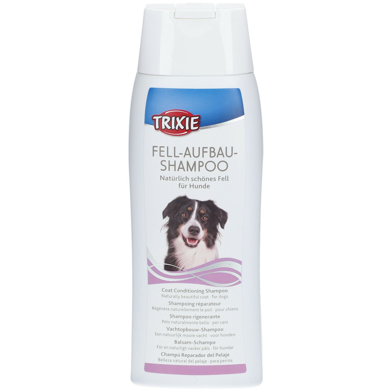 Flacone di shampoo bianco con etichetta blu e rosa. Scritta: TRIXIE, FELL-AUFBAU-SHAMPOO. Immagine di un cane.