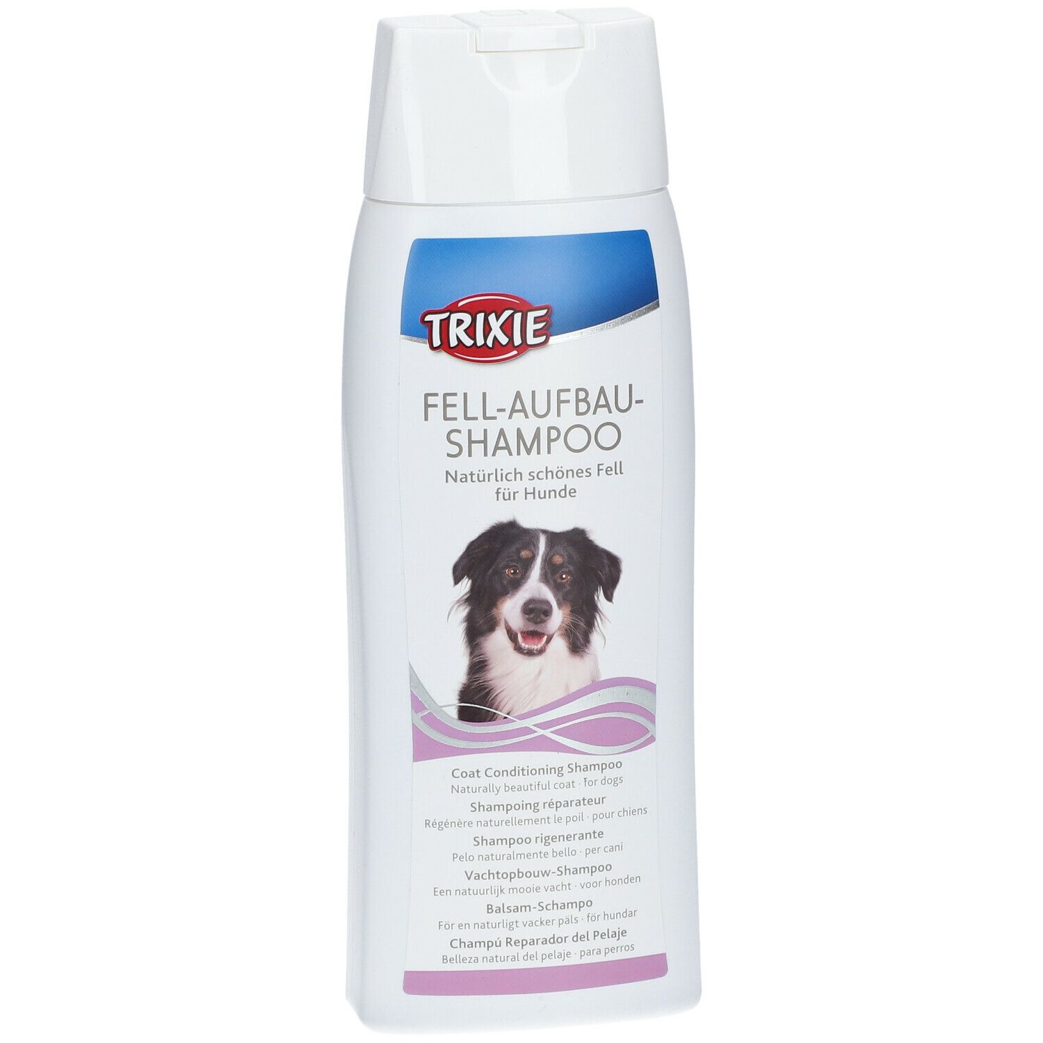 Flacone di shampoo bianco con etichetta blu e rosa. Scritta: TRIXIE, FELL-AUFBAU-SHAMPOO. Immagine di un cane.