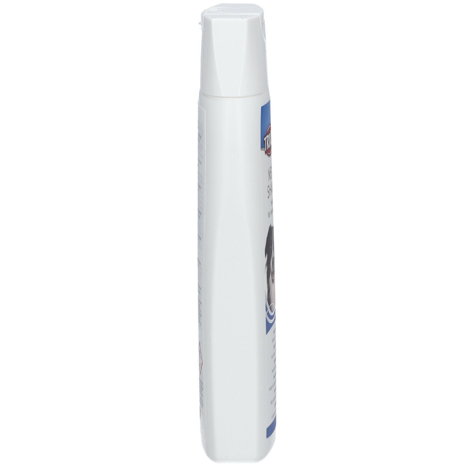 Flacone di shampoo bianco, vista laterale. Flacone con tappo bianco ed etichetta blu. Testo multilingue.