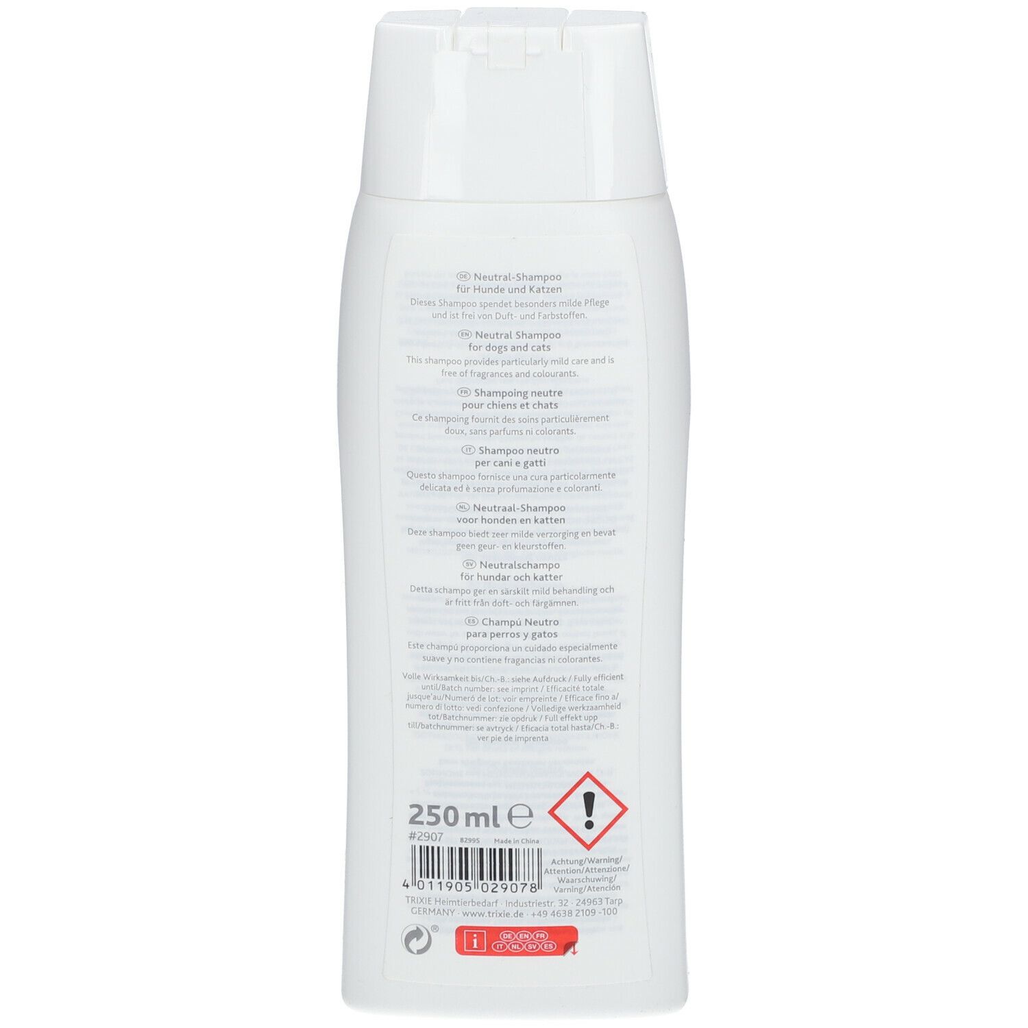 Retro di un flacone di shampoo bianco. Testo multilingue, tra cui 'Neutral Shampoo'. Volume: 250 ml.