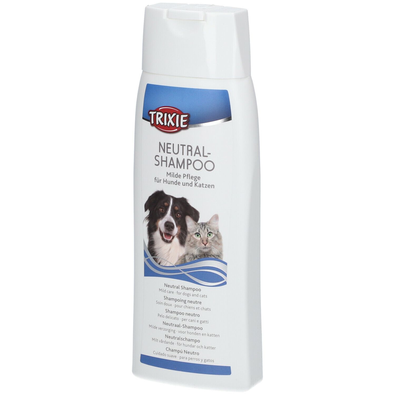 Flacone di shampoo bianco con etichetta blu. Etichetta: TRIXIE, Neutral-Shampoo, cane e gatto. Testo multilingue.