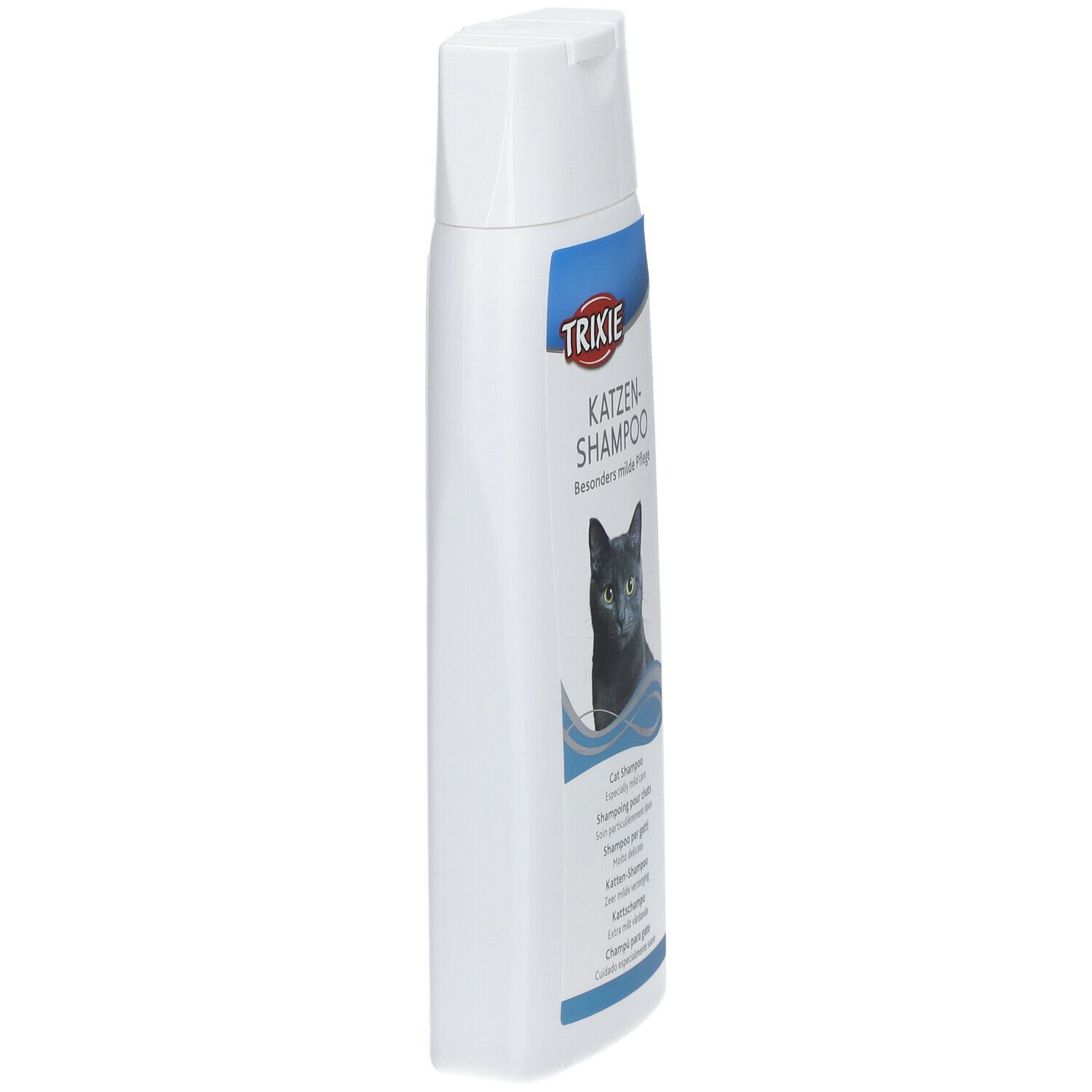 Flacone bianco di shampoo per gatti TRIXIE, vista laterale. Scritta: KATZEN-SHAMPOO, gatto. Denominazioni multilingue del prodotto.