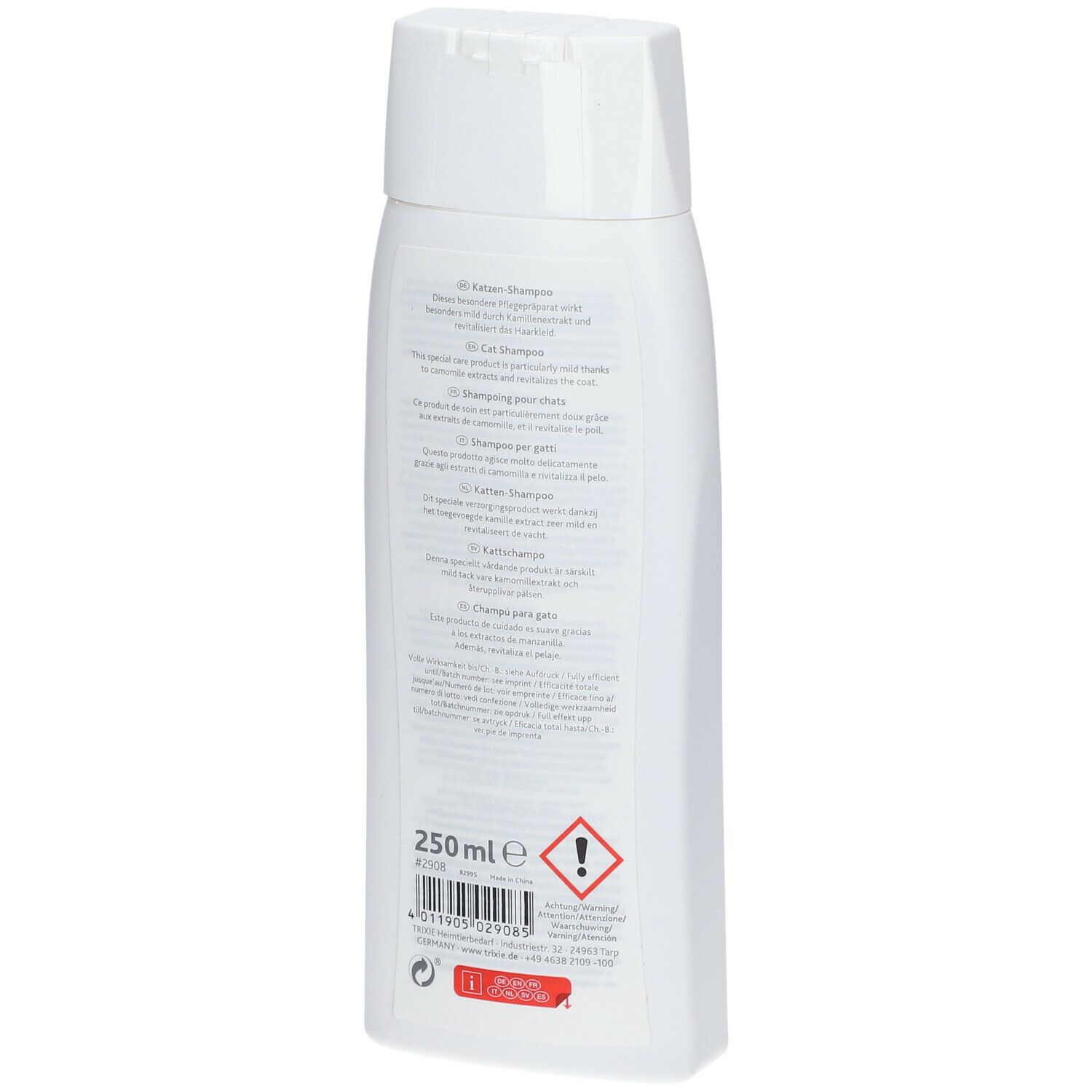 Retro del flacone bianco di shampoo per gatti TRIXIE. Denominazioni multilingue del prodotto, avvertenza, 250 ml.