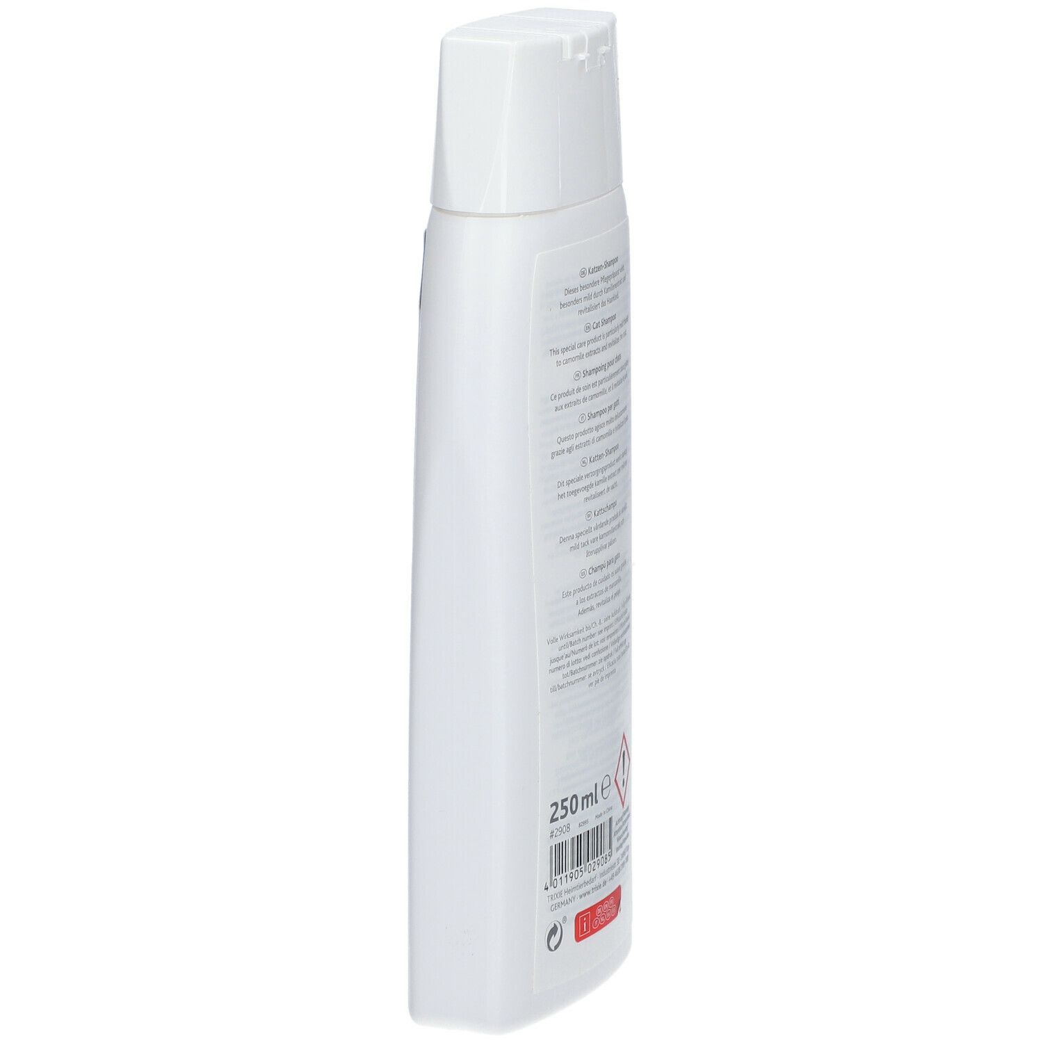 Vista laterale del flacone bianco di shampoo per gatti TRIXIE. Avvertenza, 250 ml.