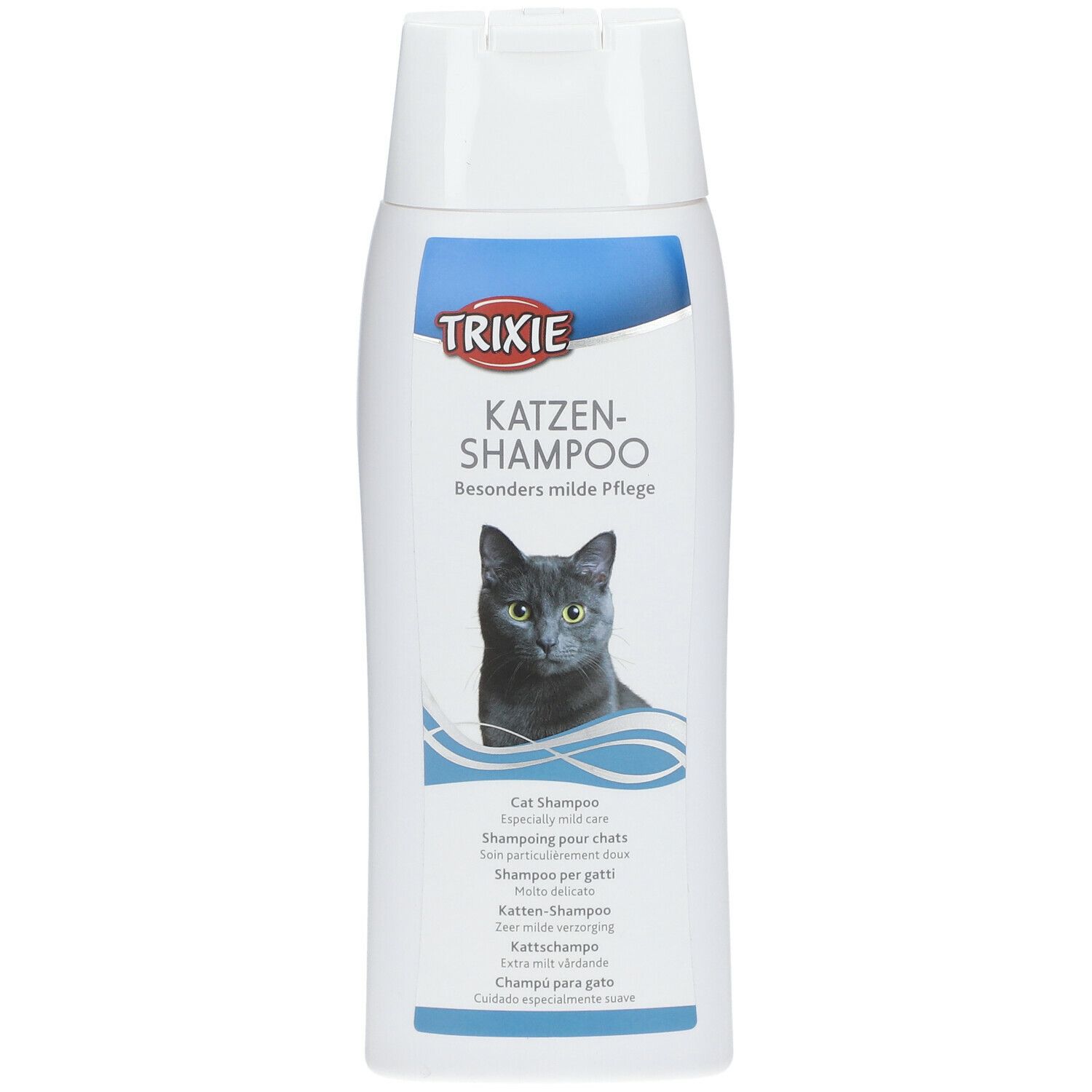 Flacone bianco di shampoo per gatti TRIXIE. Scritta: KATZEN-SHAMPOO, gatto. Denominazioni multilingue del prodotto.