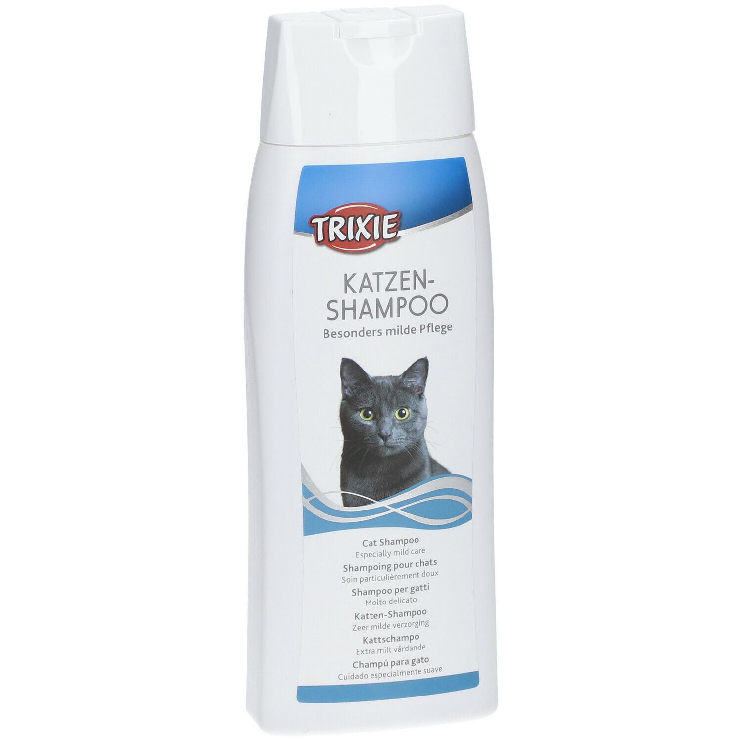 Flacone bianco di shampoo per gatti TRIXIE. Scritta: KATZEN-SHAMPOO, gatto. Denominazioni multilingue del prodotto.