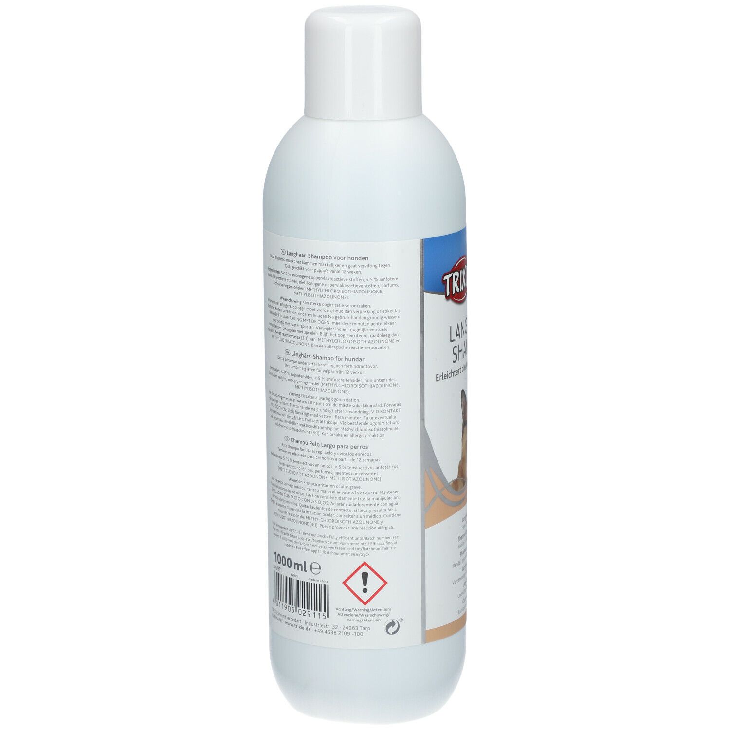 Retro di un flacone di shampoo bianco. Testo in più lingue. In basso: 1000 ml e simbolo di pericolo.