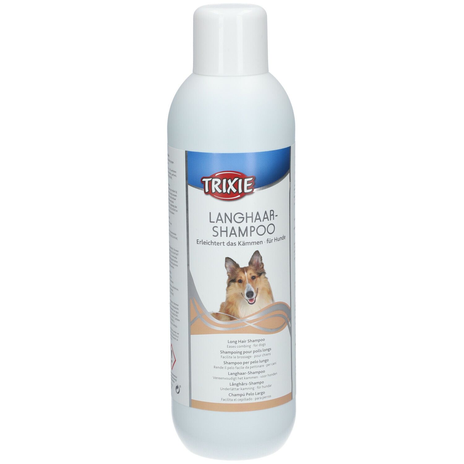 Flacone di shampoo bianco con etichetta blu e bianca. Scritta: TRIXIE SHAMPOO PER PELO LUNGO. Immagine di un cane.