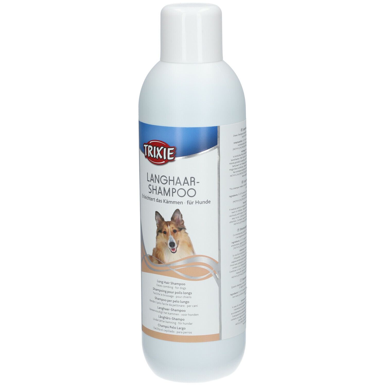 Flacone di shampoo bianco con etichetta blu e bianca. Scritta: TRIXIE SHAMPOO PER PELO LUNGO. Immagine di un cane.