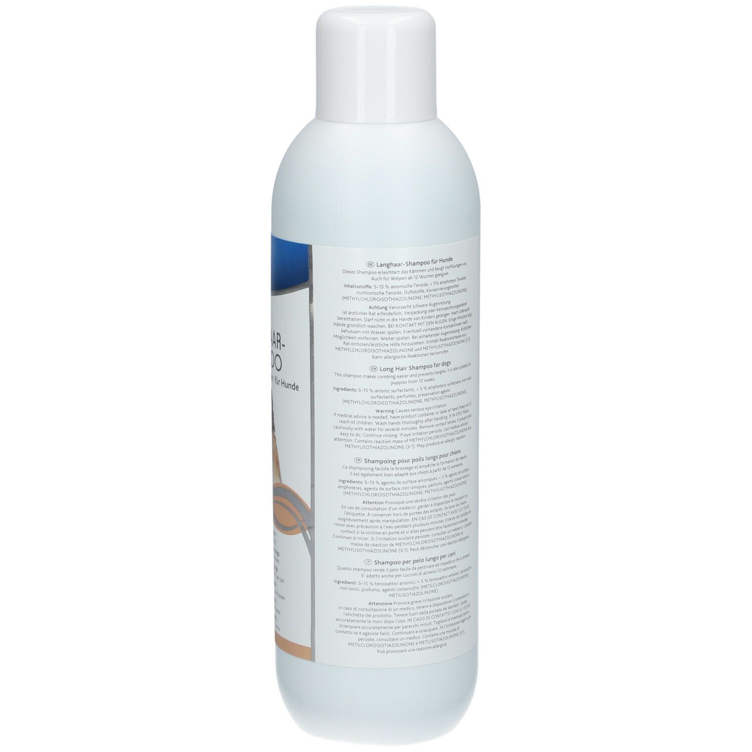 Retro di un flacone di shampoo bianco. Testo in più lingue. In basso.