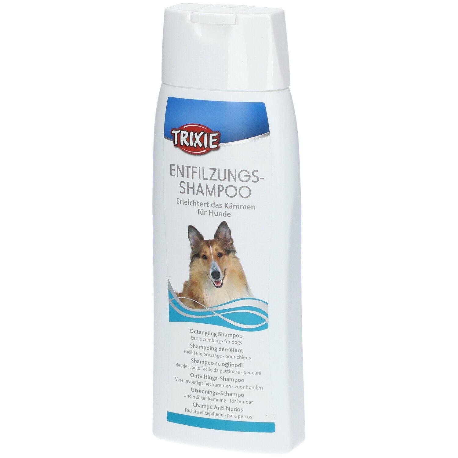 Flacone di shampoo bianco con etichetta blu. Logo TRIXIE e nome del prodotto. Immagine di un cane.