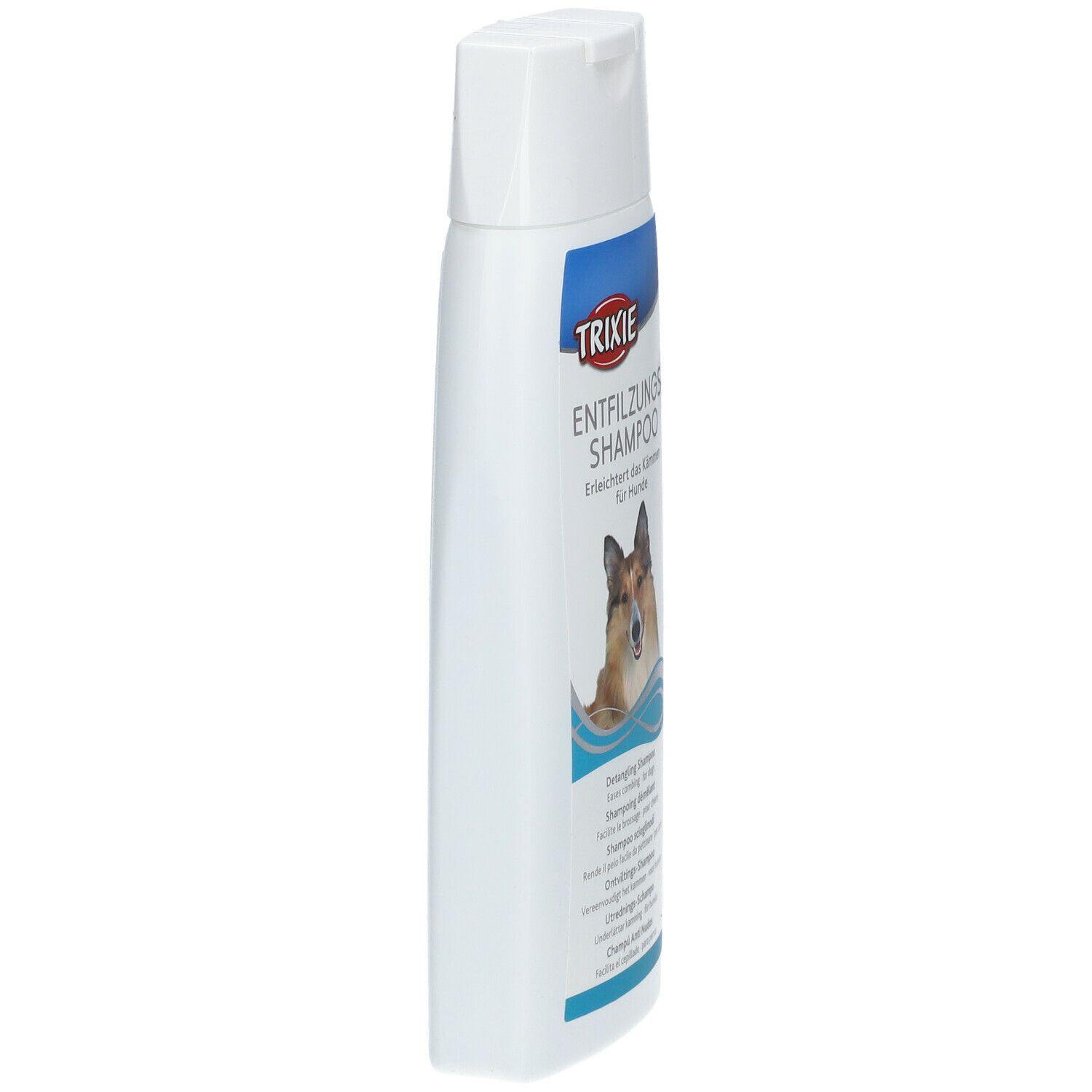 Flacone di shampoo bianco, vista laterale. Etichetta blu con logo TRIXIE. Nome del prodotto e immagine di cane.