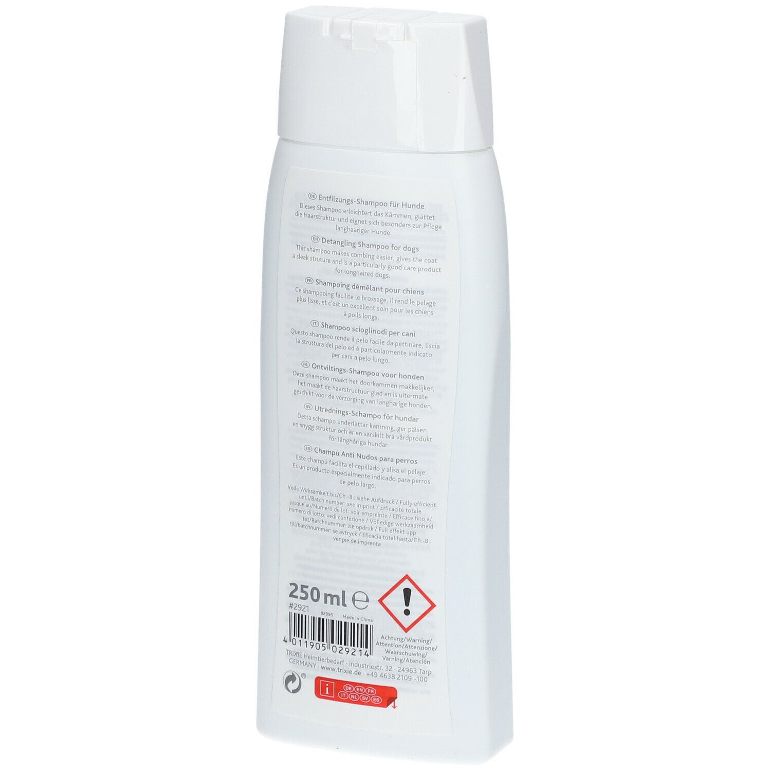 Retro del flacone di shampoo bianco. Testo multilingue. 250 ml. Avvertenza.