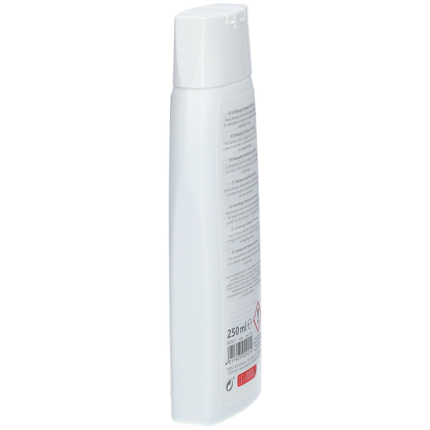 Retro del flacone di shampoo bianco, vista laterale. Testo multilingue. 250 ml.
