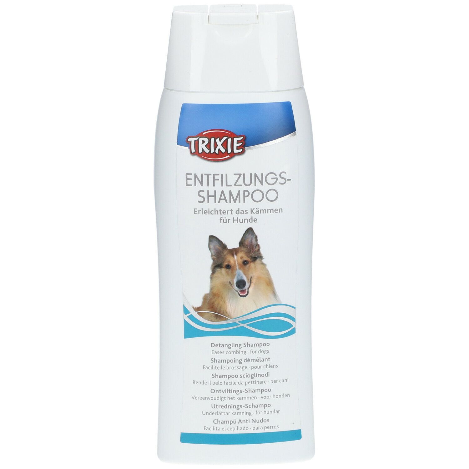 Flacone di shampoo bianco con etichetta blu. Logo TRIXIE e nome del prodotto. Immagine di un cane.