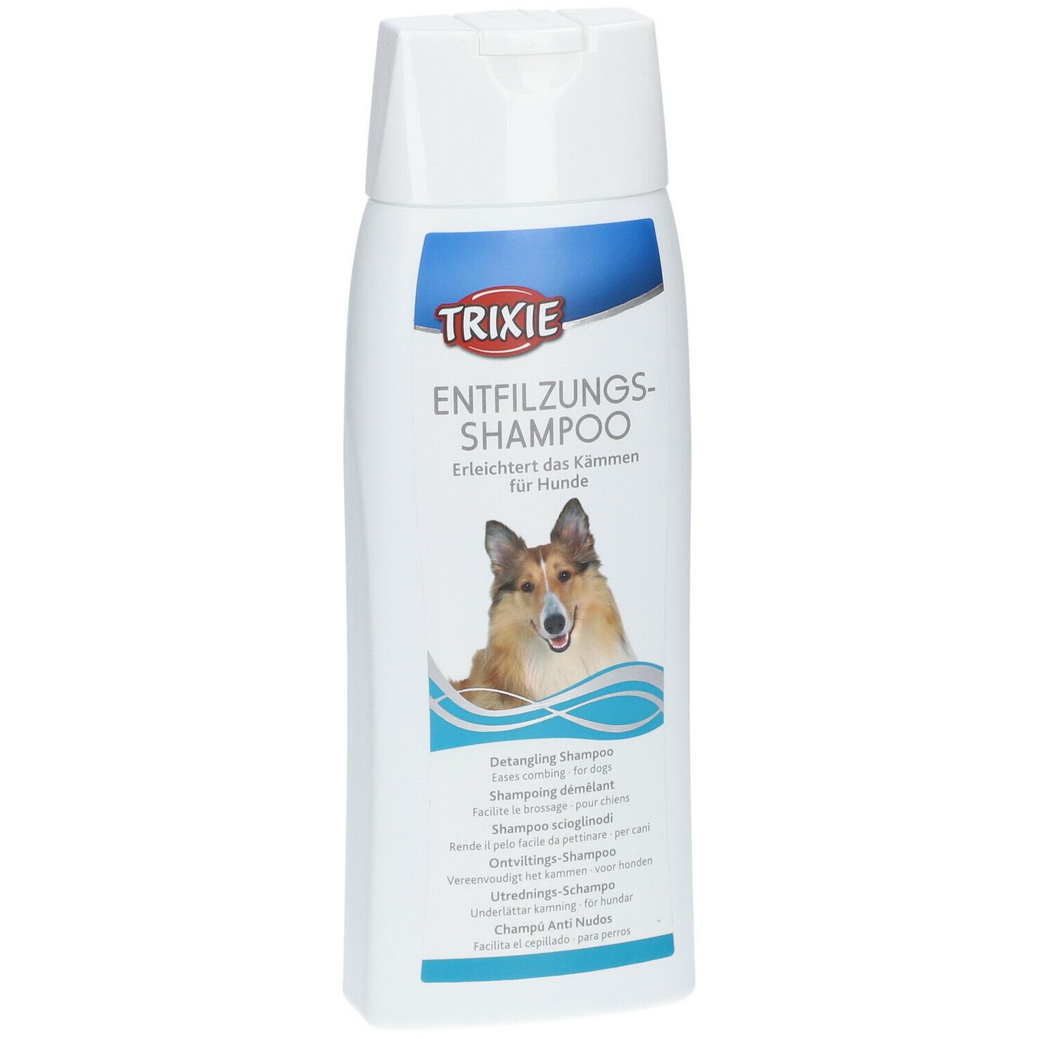 Flacone di shampoo bianco con etichetta blu. Logo TRIXIE e nome del prodotto. Immagine di un cane.