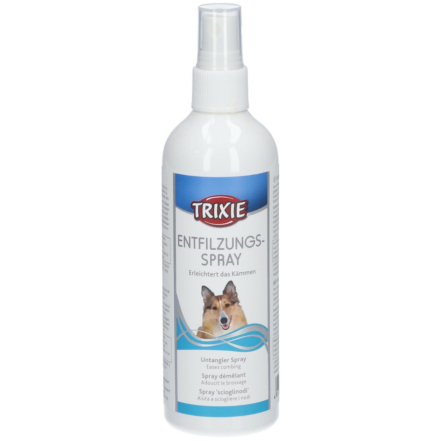 Flacone spray bianco con etichetta blu. Logo TRIXIE e nome del prodotto. Immagine di un cane. Testo: Entfilzungs-Spray.