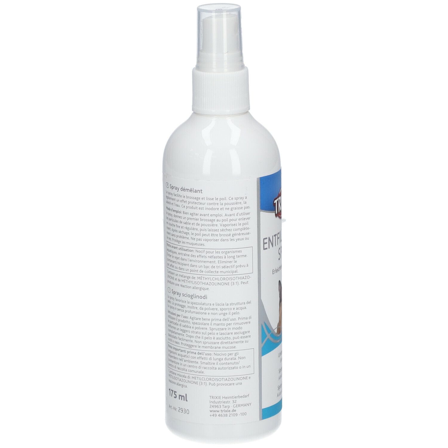 Retro di un flacone spray bianco. Testo in più lingue. Volume: 175 ml. Informazioni sul prodotto e sul produttore.
