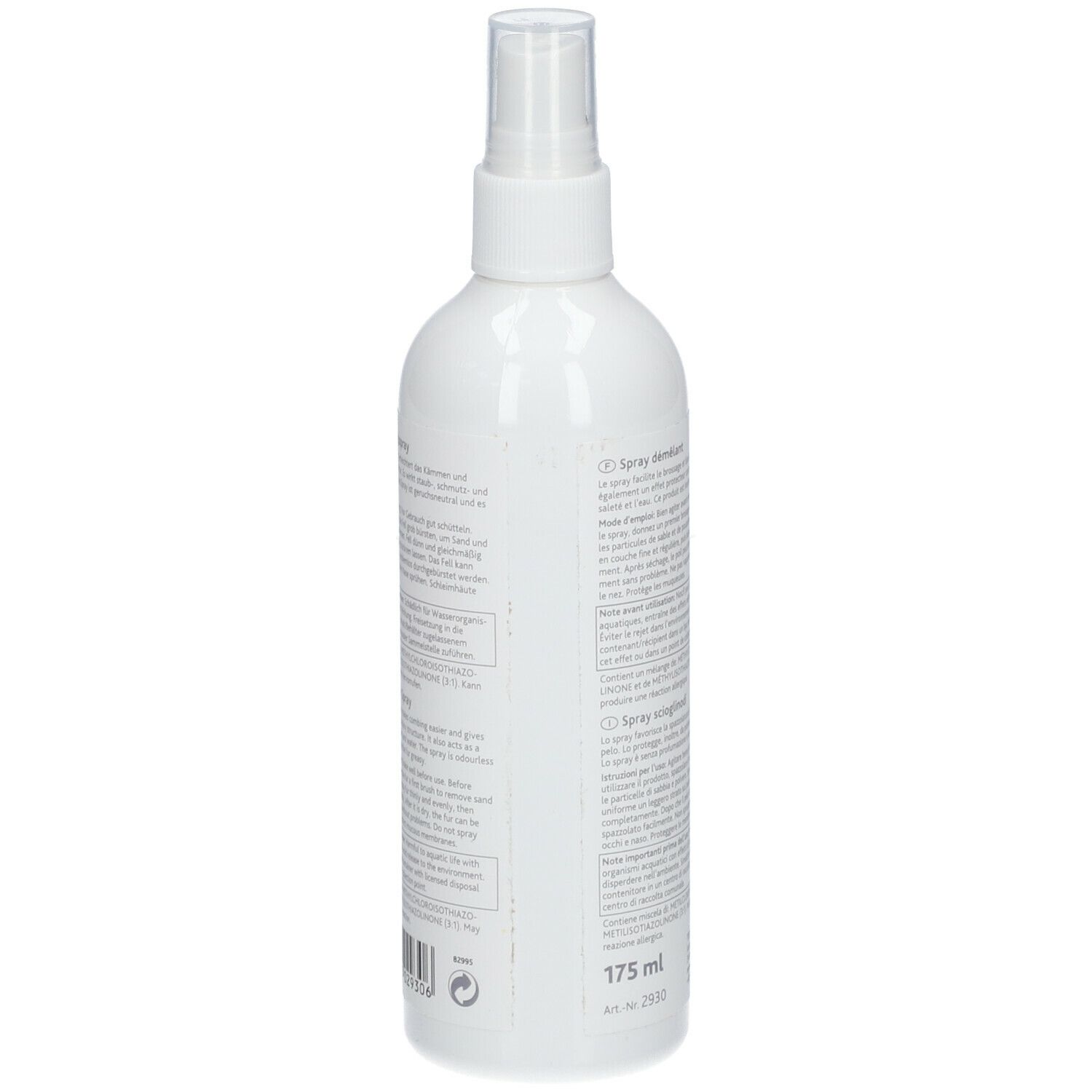Retro di un flacone spray bianco. Testo in più lingue. Volume: 175 ml. Informazioni sul prodotto e sul produttore.