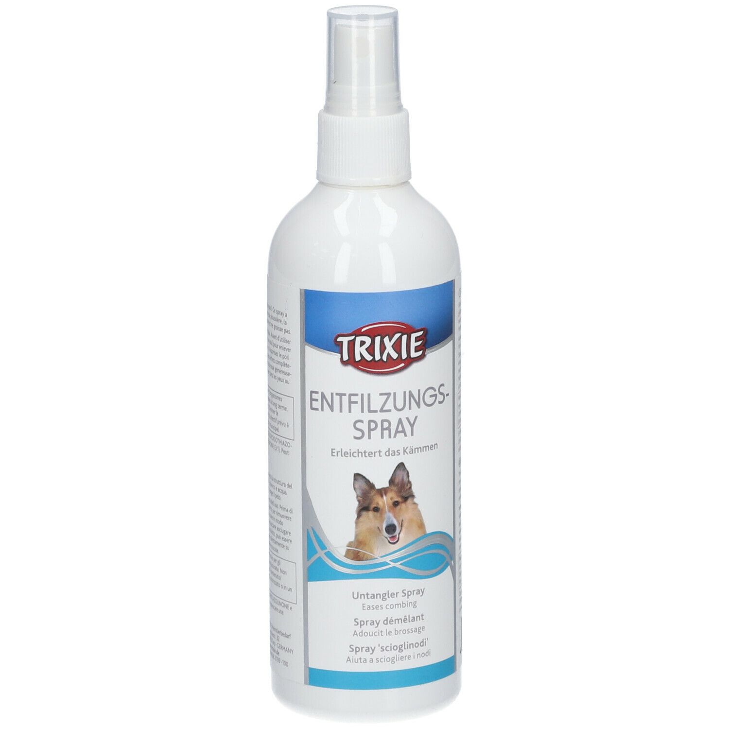 Flacone spray bianco con etichetta blu. Logo TRIXIE e nome del prodotto. Immagine di un cane. Testo: Entfilzungs-Spray.