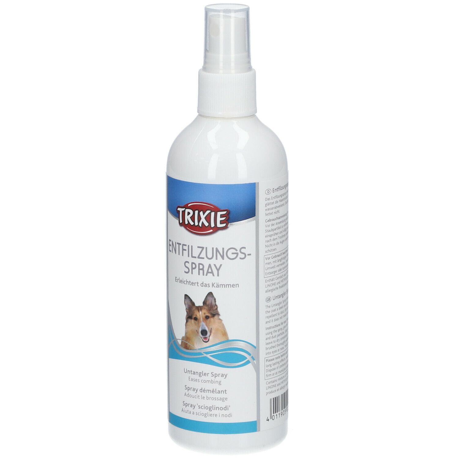 Flacone spray bianco con etichetta blu. Logo TRIXIE e nome del prodotto. Immagine di un cane. Testo: Entfilzungs-Spray.