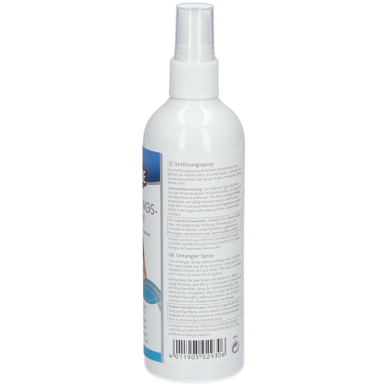 Retro di un flacone spray bianco. Testo in più lingue. Volume: 175 ml. Informazioni sul prodotto e sul produttore.