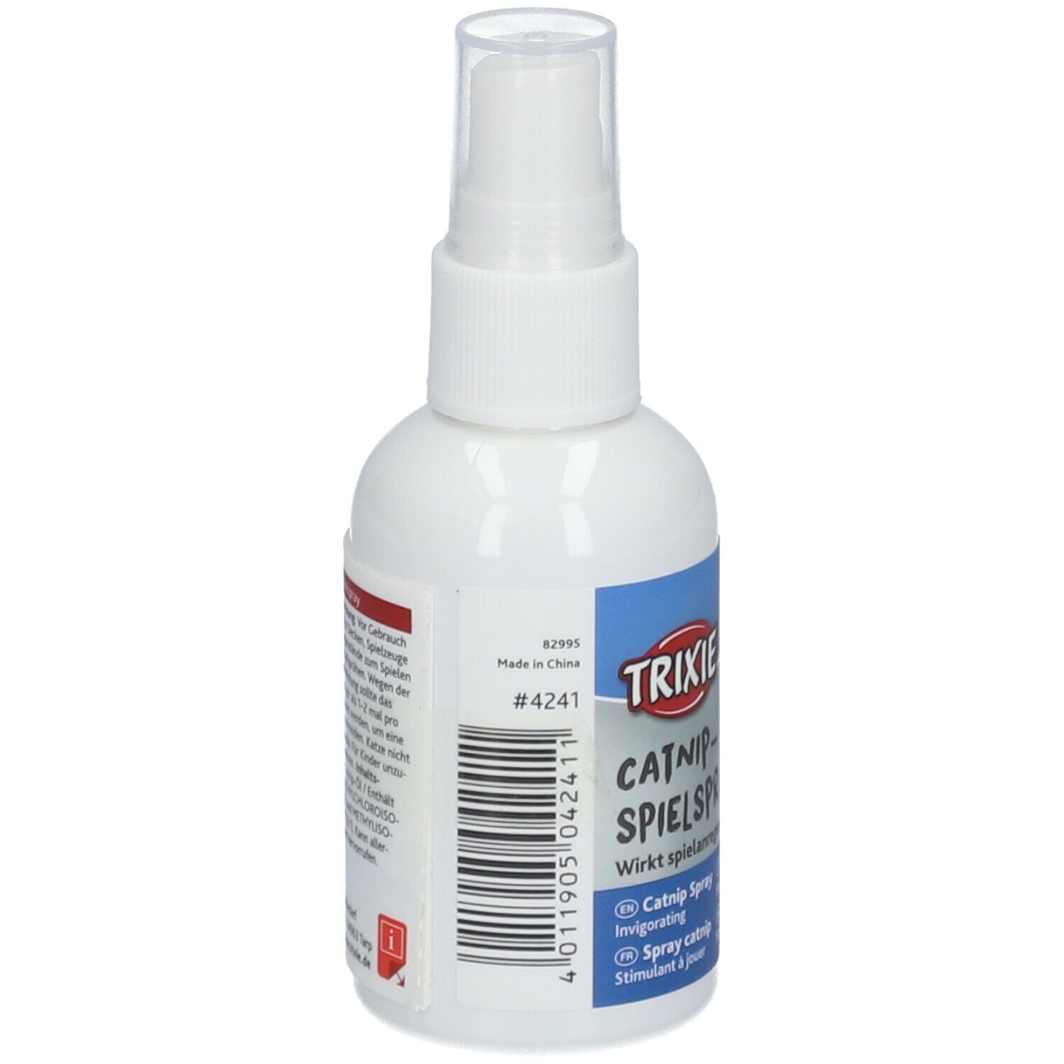 Flacone spray bianco con etichetta blu. Testo: TRIXIE CATNIP-SPIELSPRAY. Codice a barre e testo. Prodotto in Cina.