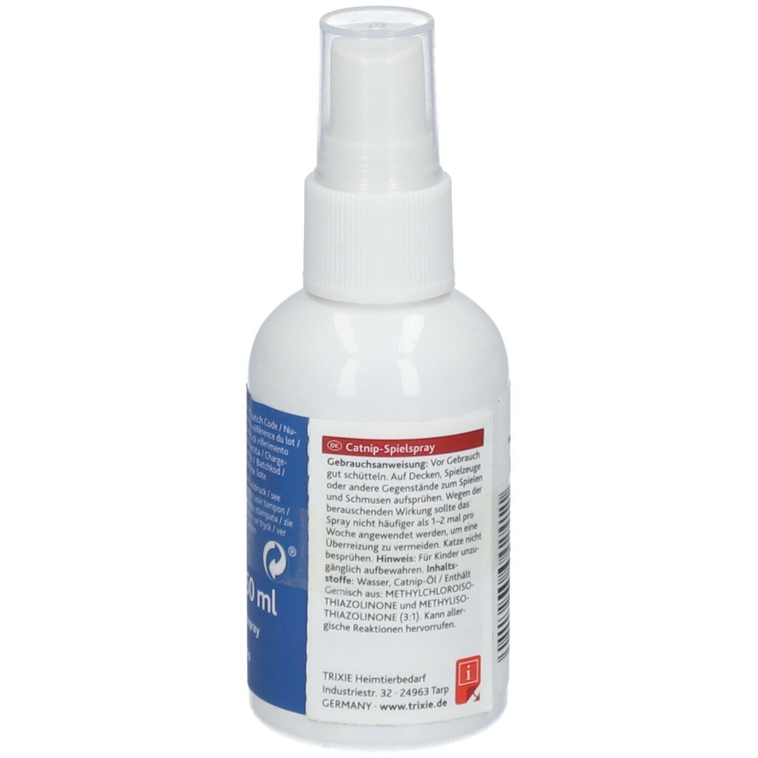 Flacone spray bianco con etichetta blu. Testo: TRIXIE CATNIP-SPIELSPRAY. Testo sull'uso e sugli ingredienti. 50 ml.