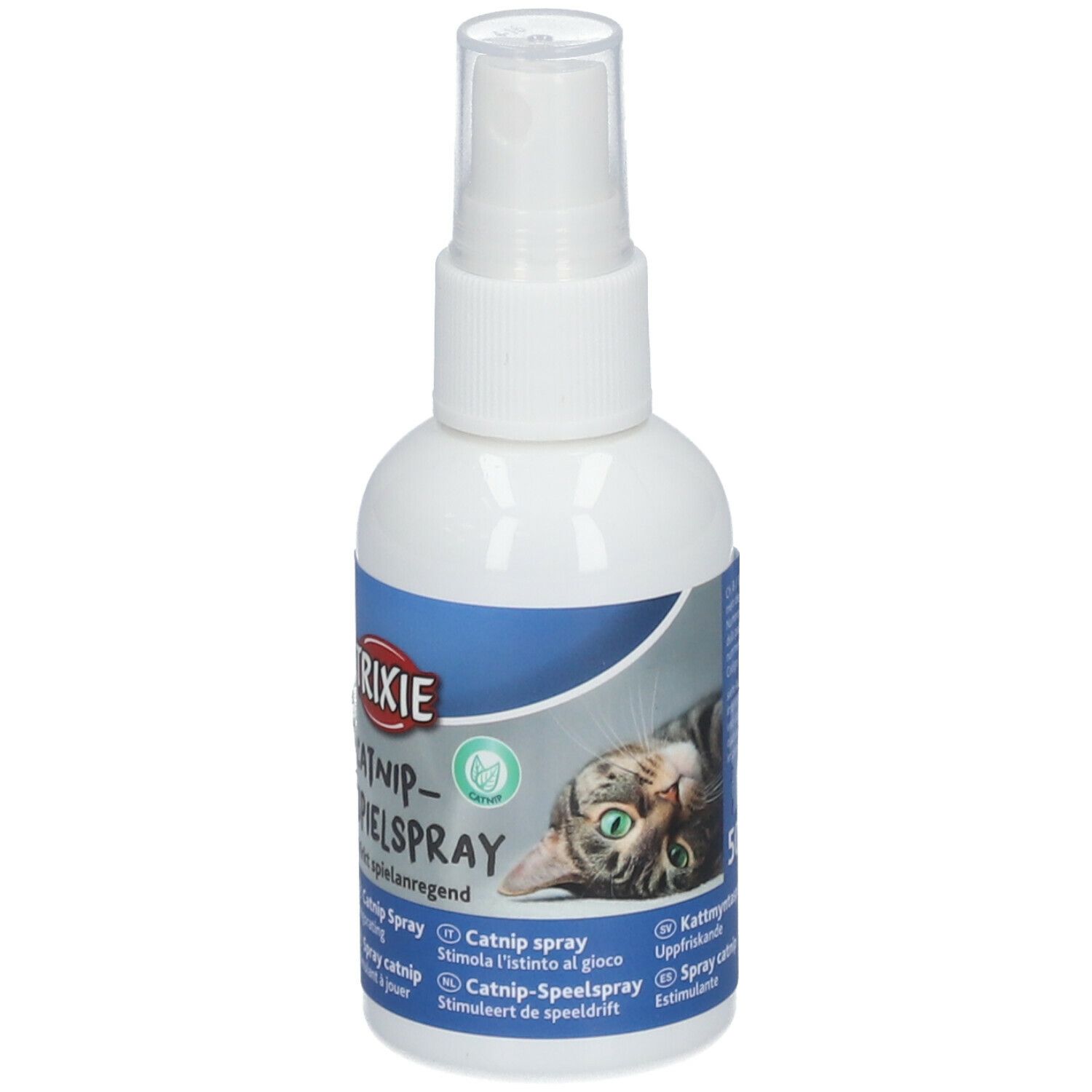 Flacone spray bianco con etichetta blu. Testo: TRIXIE CATNIP-SPIELSPRAY. Immagine di un gatto. Erogatore spray.