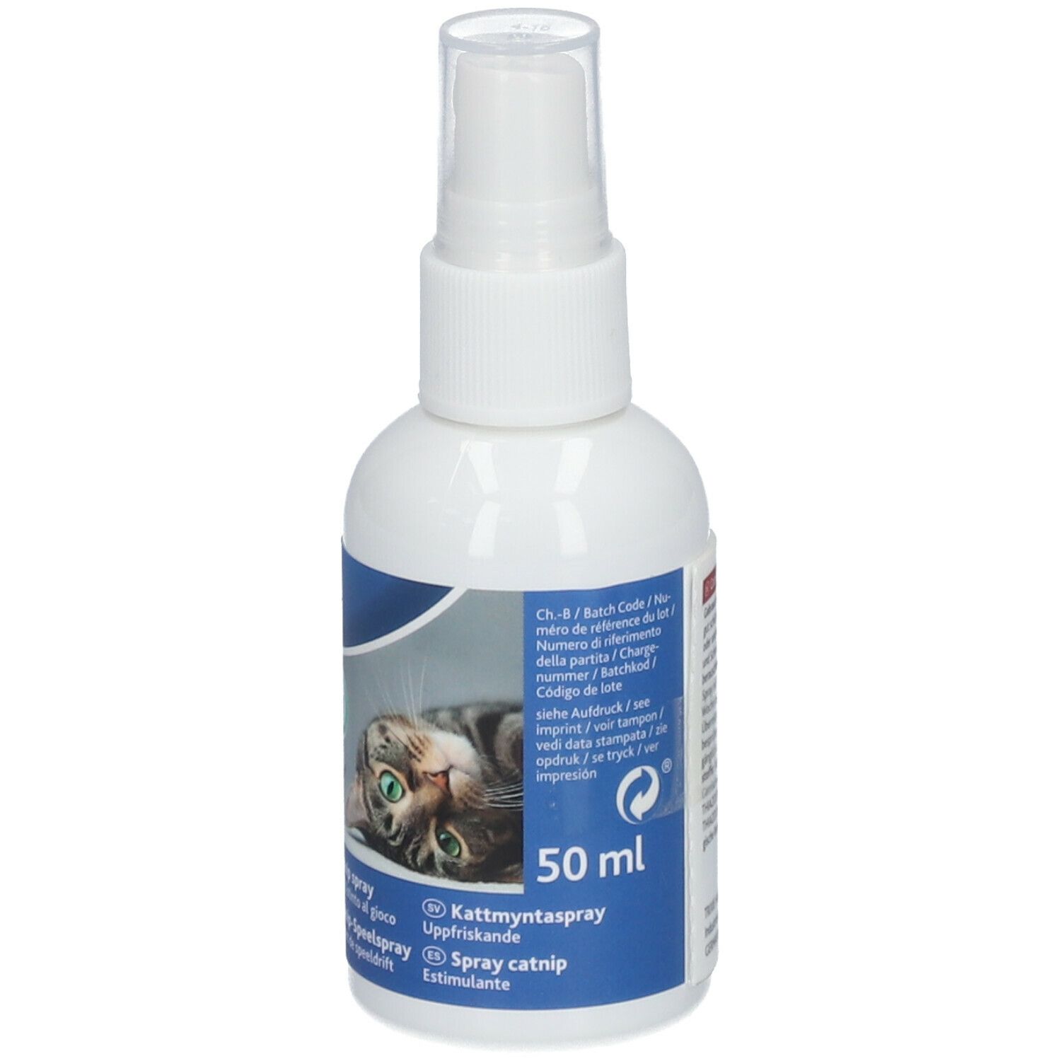 Flacone spray bianco con etichetta blu. Testo: TRIXIE CATNIP-SPIELSPRAY. 50 ml. Immagine di un gatto. Erogatore spray.