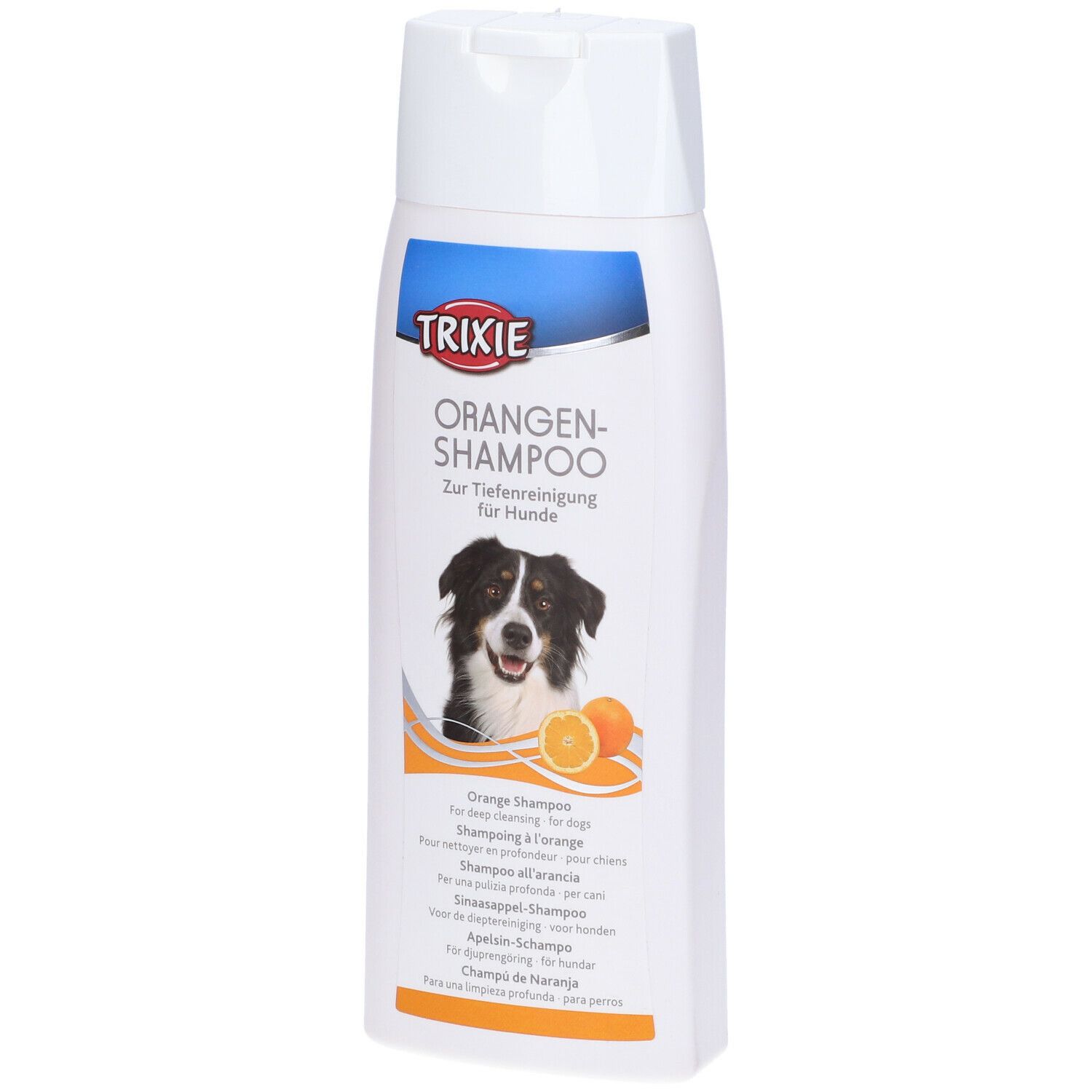 Flacone bianco di shampoo TRIXIE all'arancia per cani. Etichetta con cane e arancia. Accento blu.