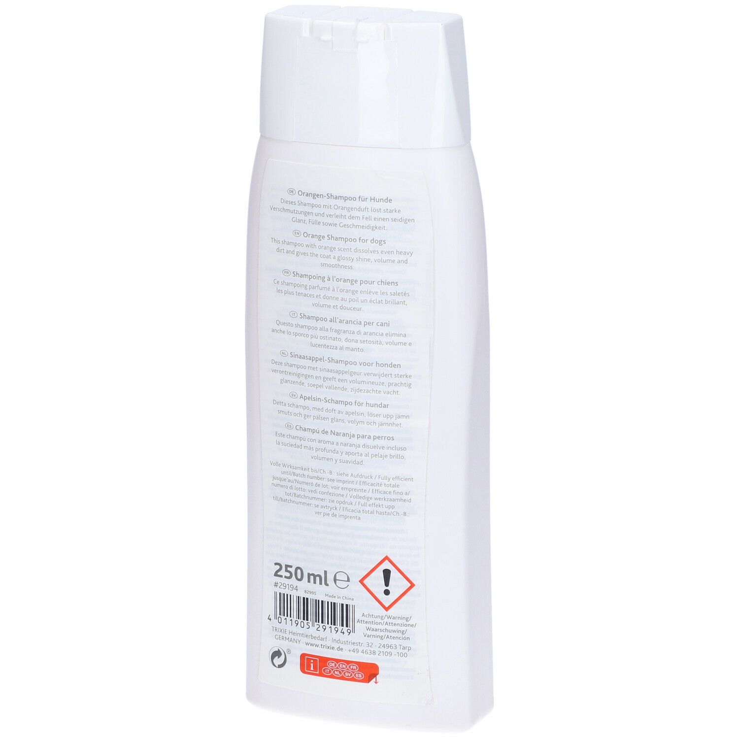 Retro del flacone bianco di shampoo TRIXIE all'arancia. Testo multilingue. 250 ml. Avvertenza.