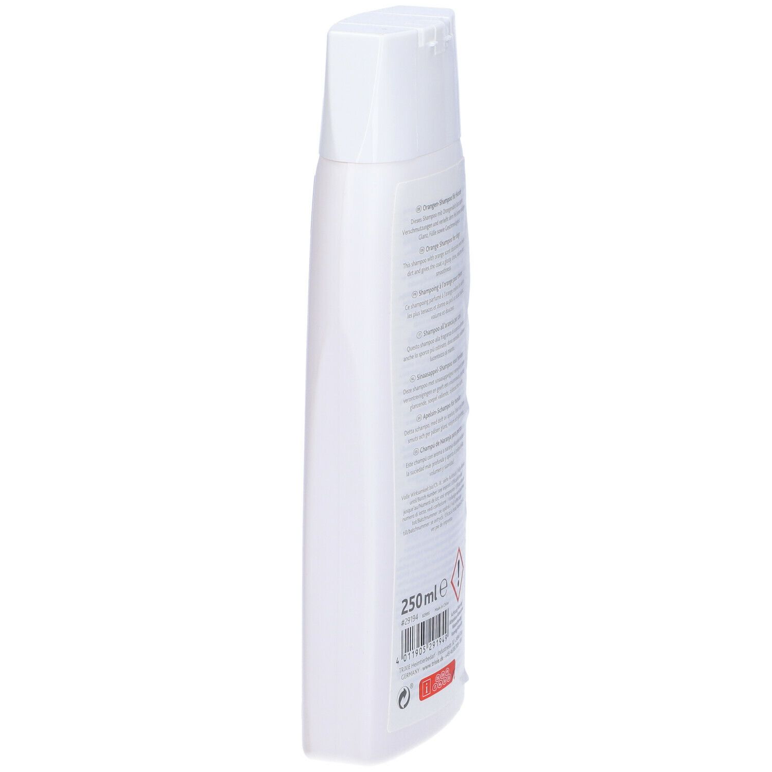 Flacone bianco di shampoo TRIXIE all'arancia. Vista posteriore. Testo e avvertenza. 250 ml.