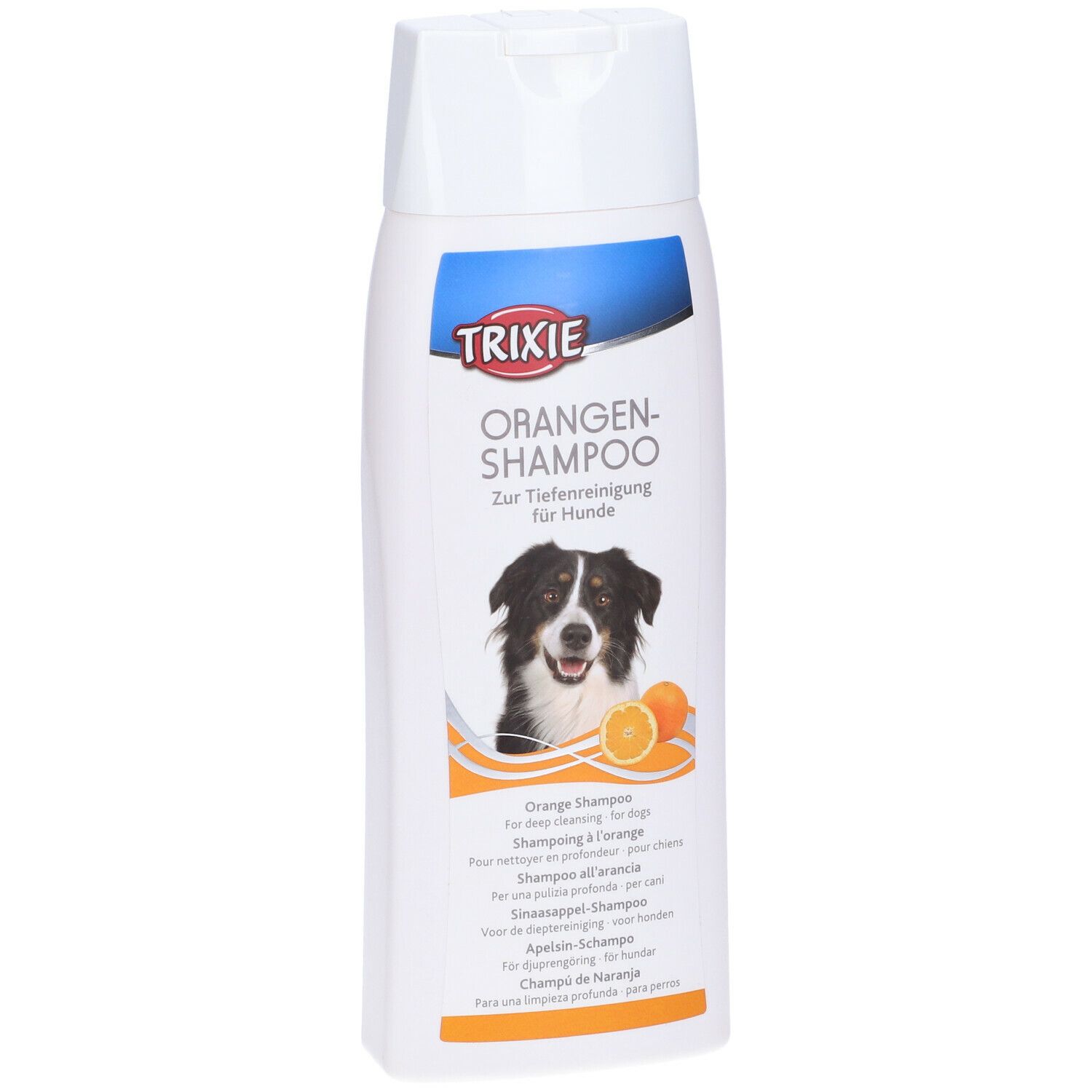 Flacone bianco di shampoo TRIXIE all'arancia per cani. Etichetta con cane, arancia e nome del prodotto.