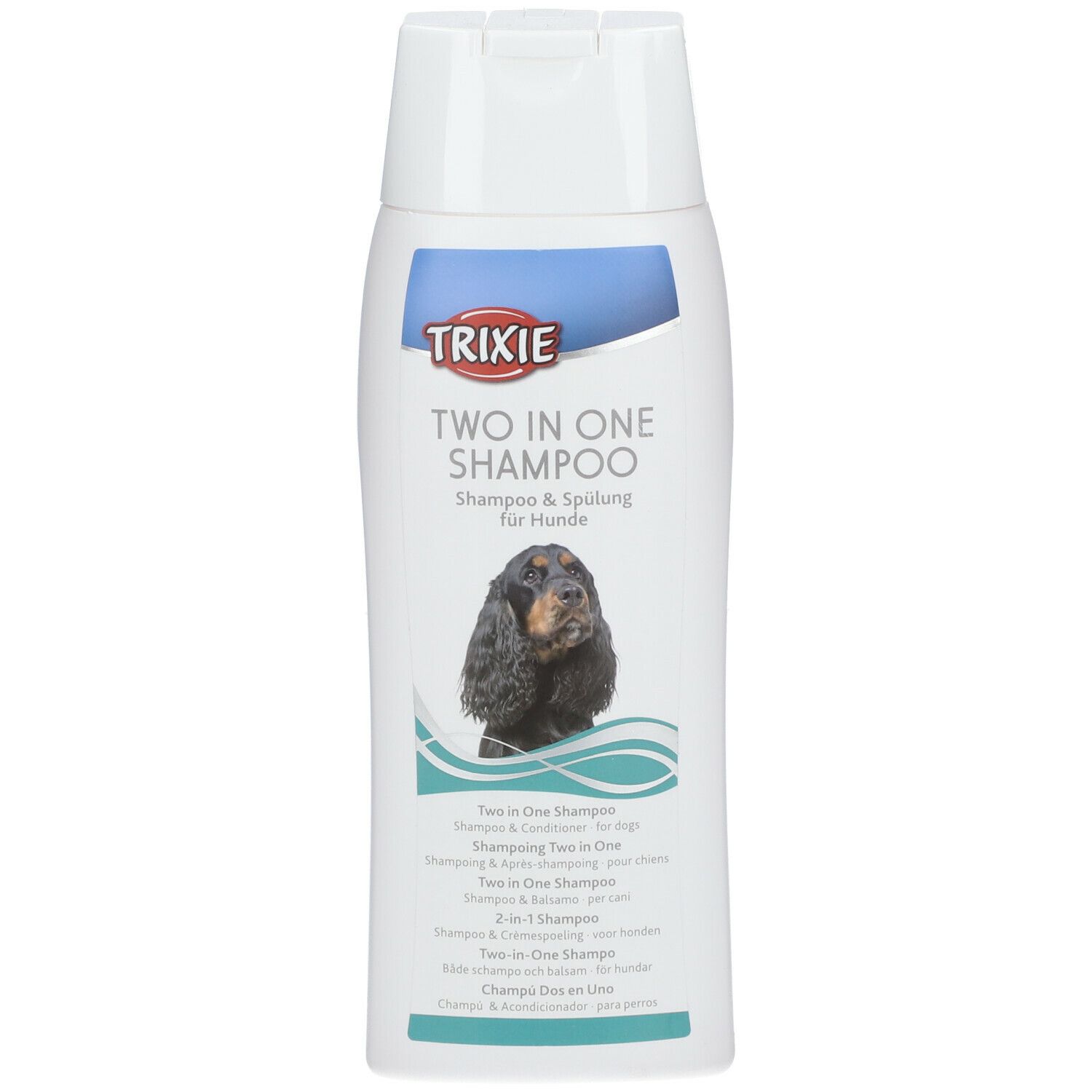 Flacone bianco di shampoo TRIXIE Two in One. Immagine di cane, nome prodotto e testo. Tappo a ribalta.