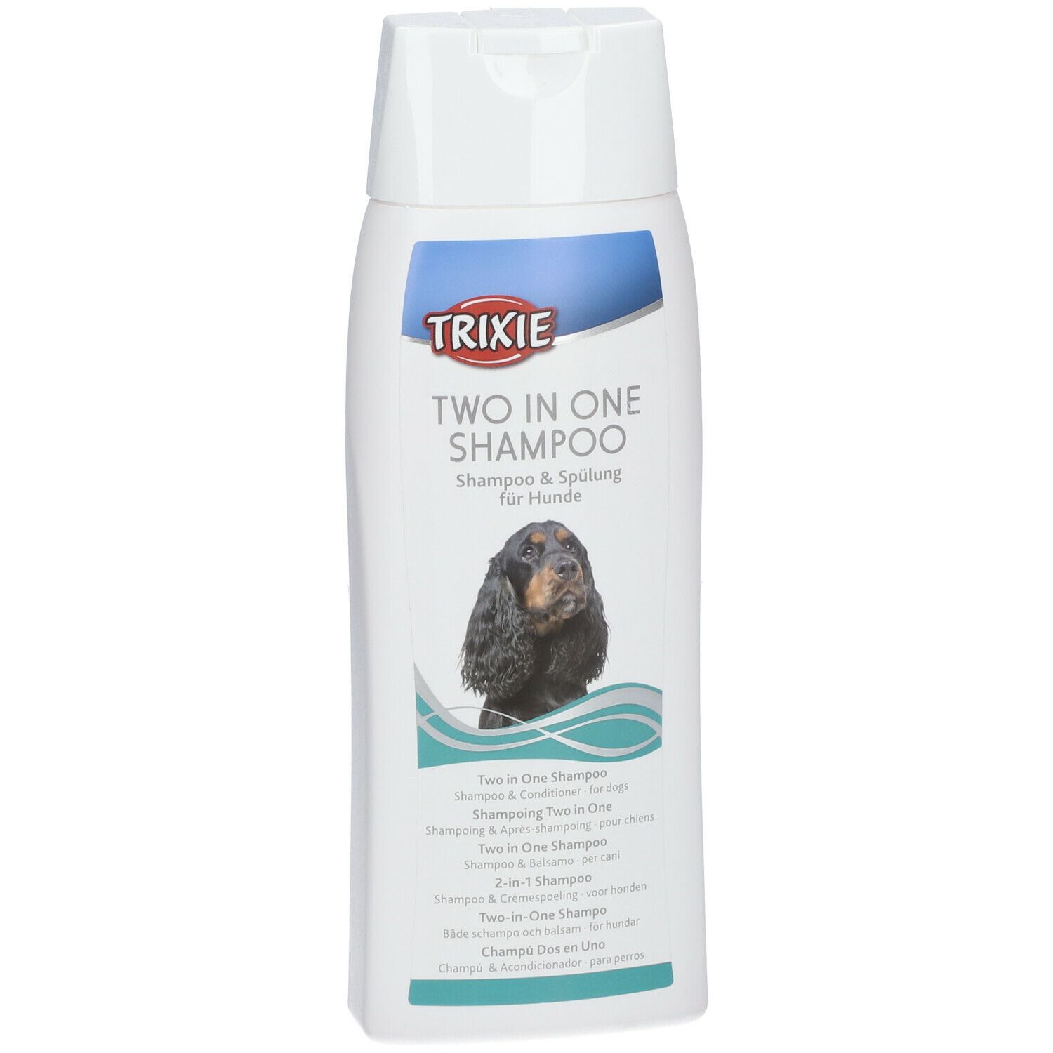 Flacone bianco di shampoo TRIXIE Two in One. Immagine di cane, nome prodotto e testo. Tappo a ribalta.
