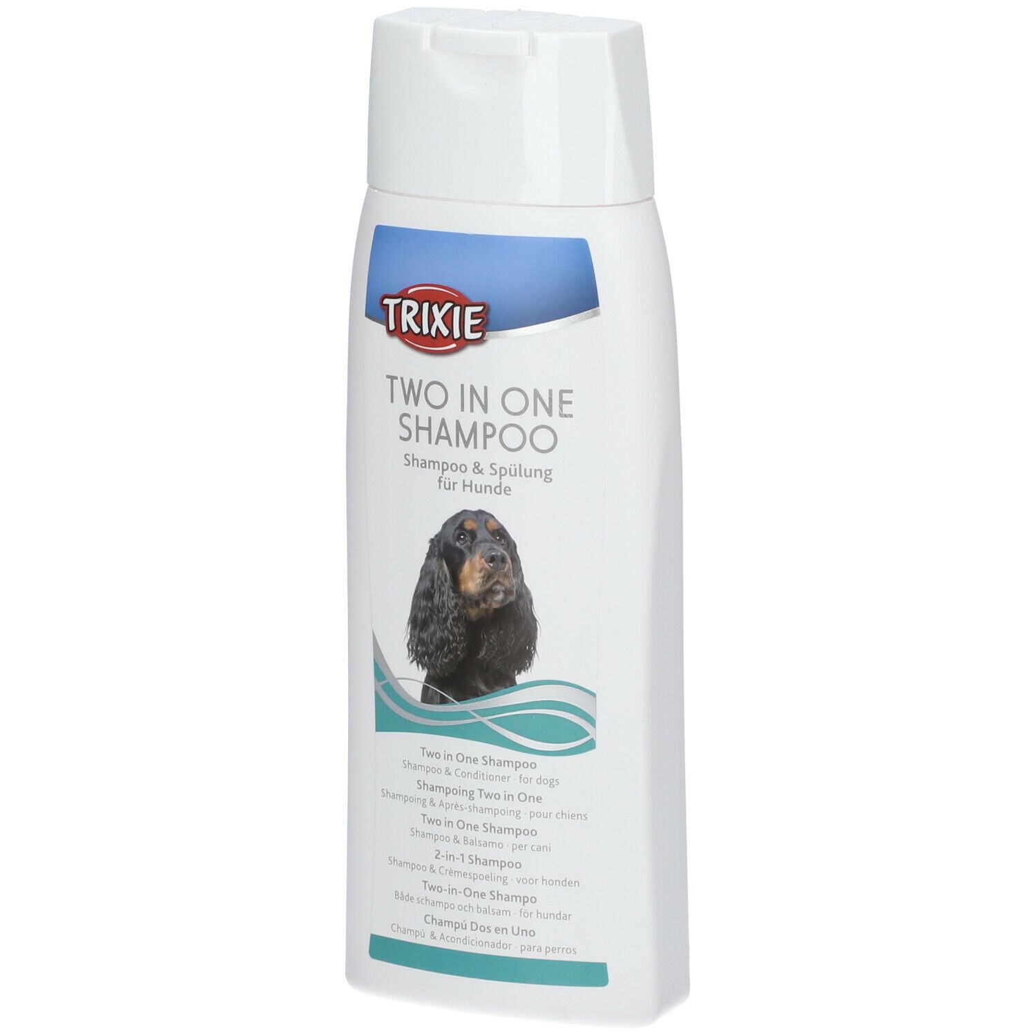Flacone bianco di shampoo TRIXIE Two in One. Immagine di cane, nome prodotto e testo. Tappo a ribalta.