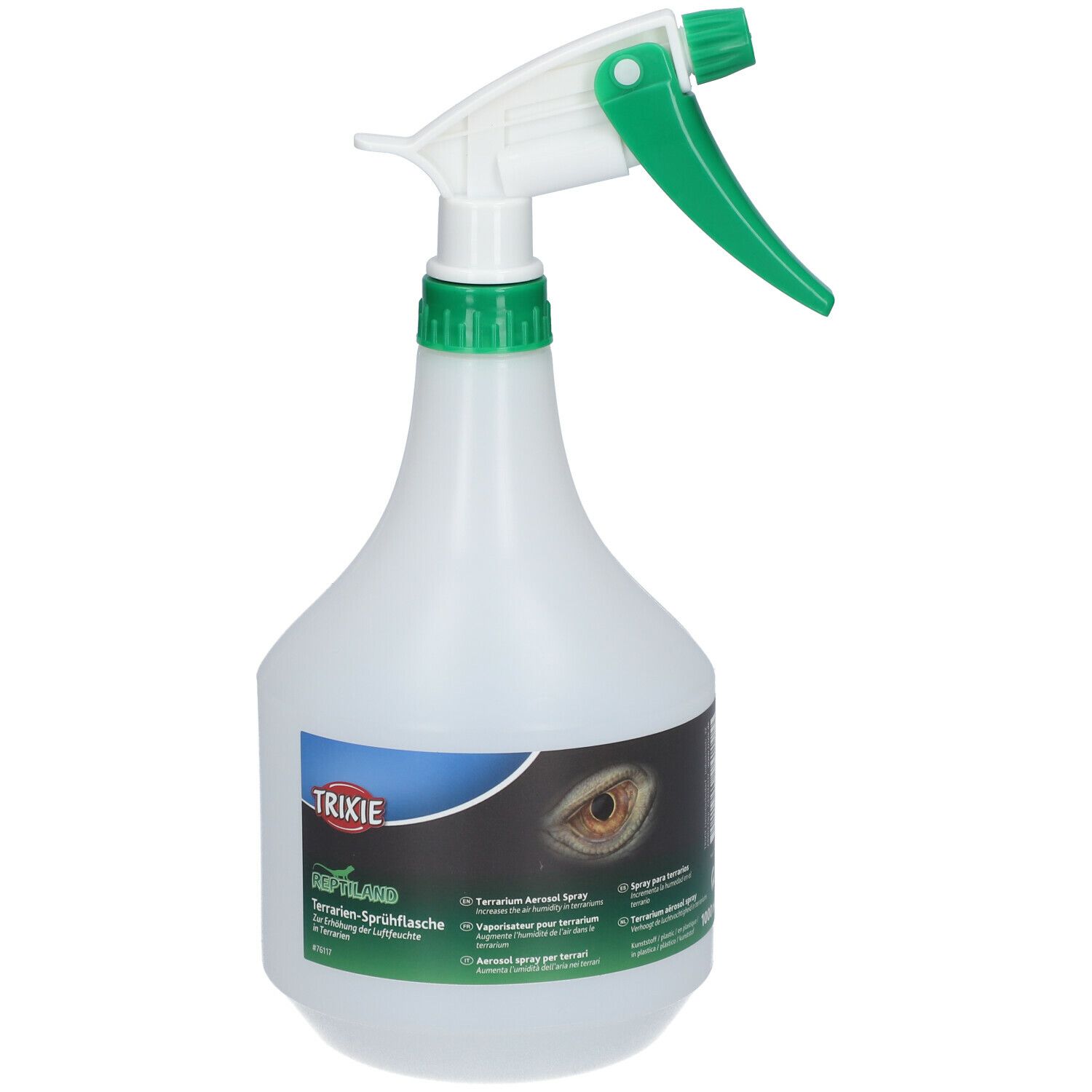Flacone spray bianco con testina verde. Adesivo con logo e nome del prodotto. TRIXIE Reptiland Terrarien-Sprühflasche.