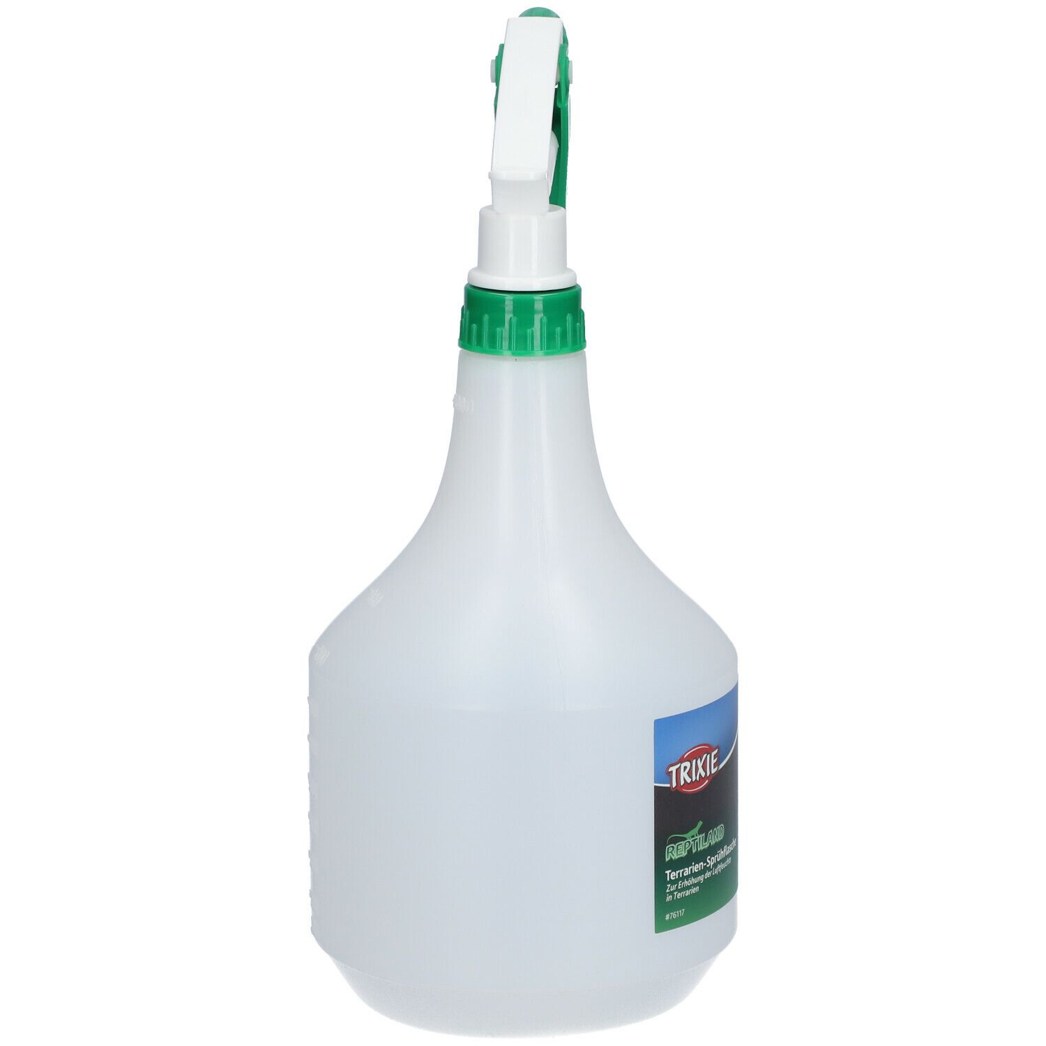 Flacone spray bianco con testina verde. Adesivo con logo e nome del prodotto. TRIXIE Reptiland Terrarien-Sprühflasche.