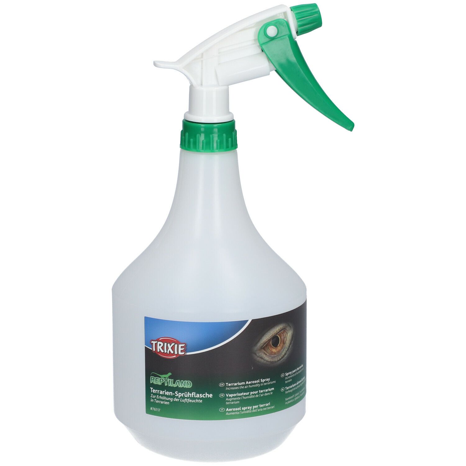 Flacone spray bianco con testina verde. Adesivo con logo e nome del prodotto. TRIXIE Reptiland Terrarien-Sprühflasche.