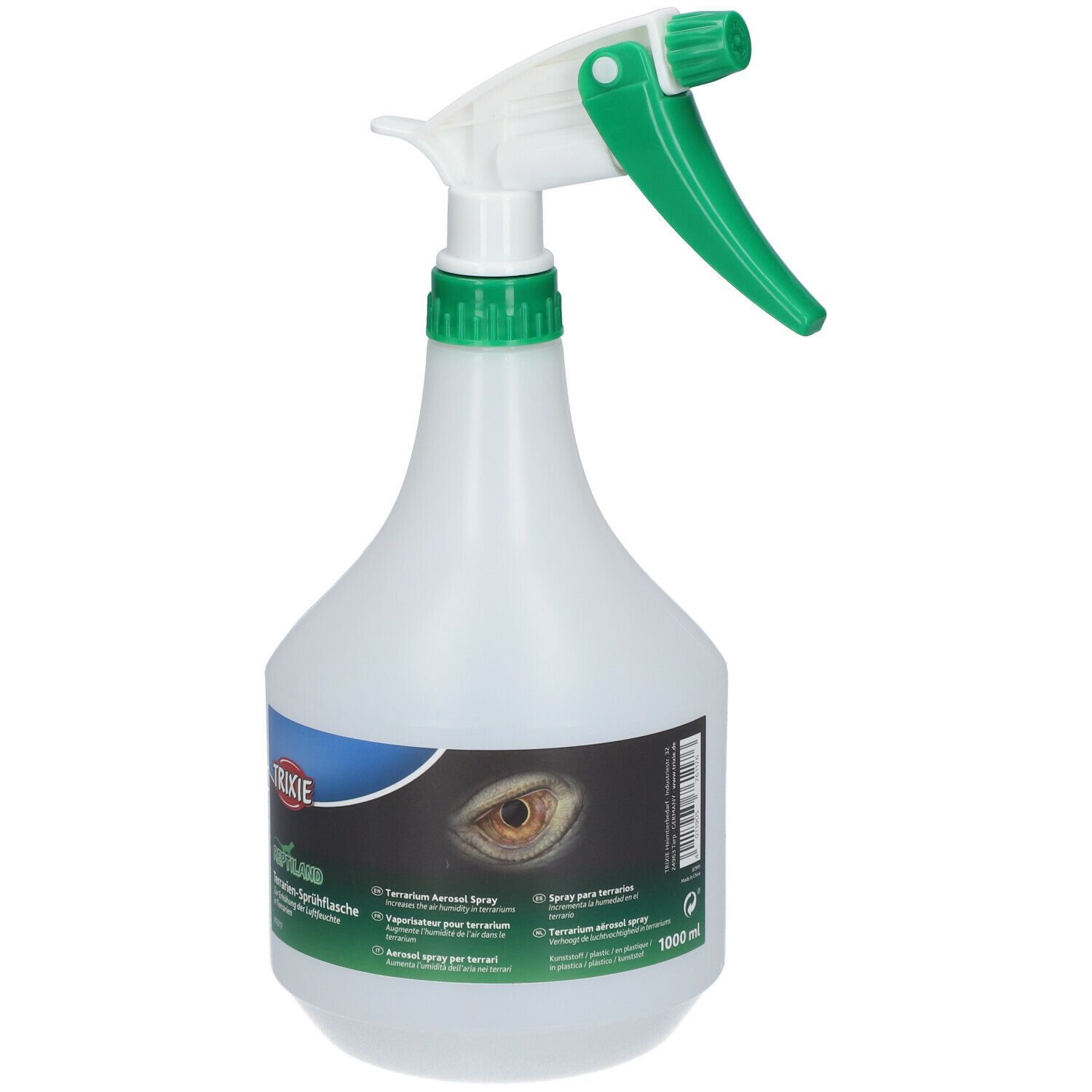 Flacone spray bianco con testina verde. Adesivo con logo e nome del prodotto. TRIXIE Reptiland Terrarien-Sprühflasche.