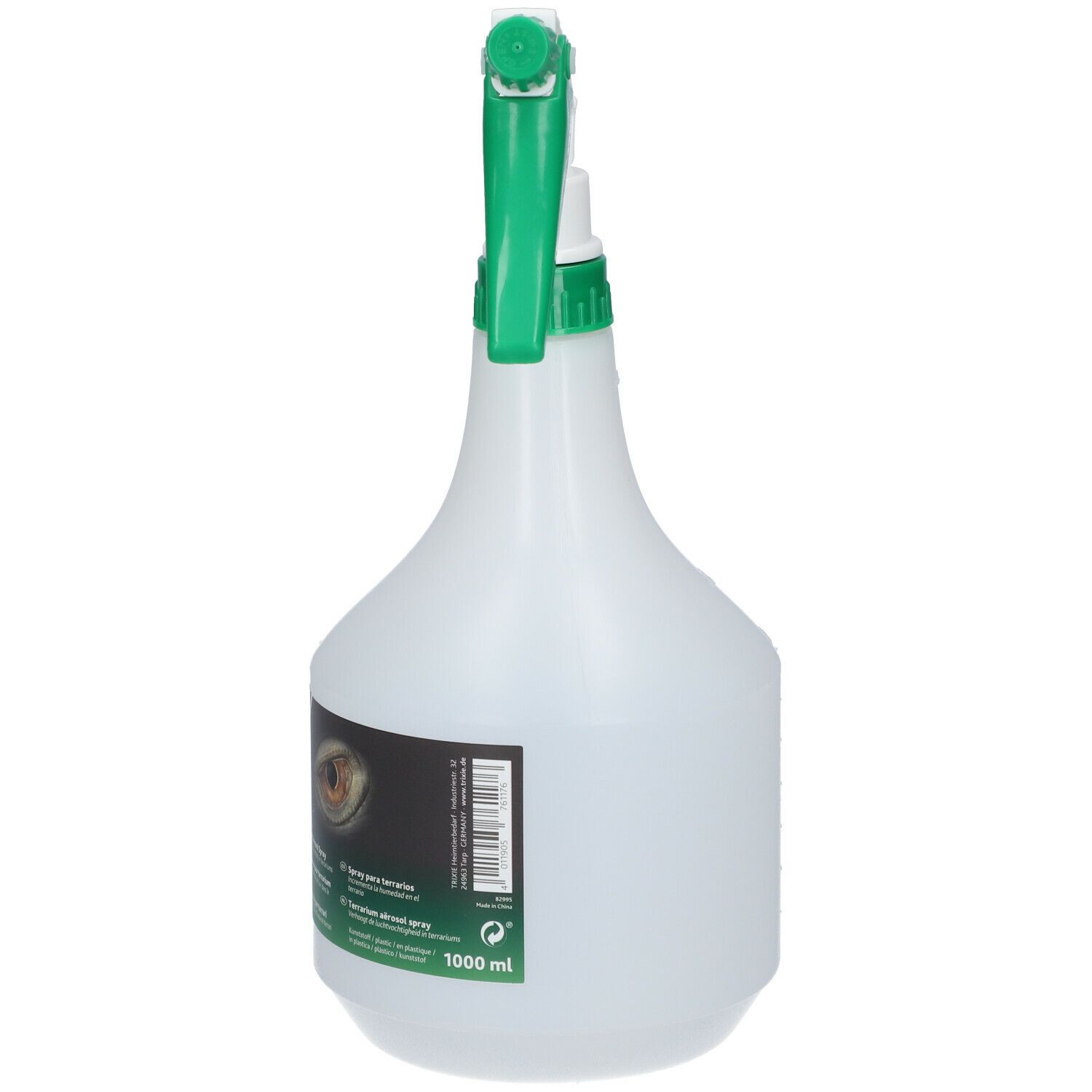 Flacone spray bianco con testina verde. Adesivo con logo e nome del prodotto. TRIXIE Reptiland Terrarien-Sprühflasche.